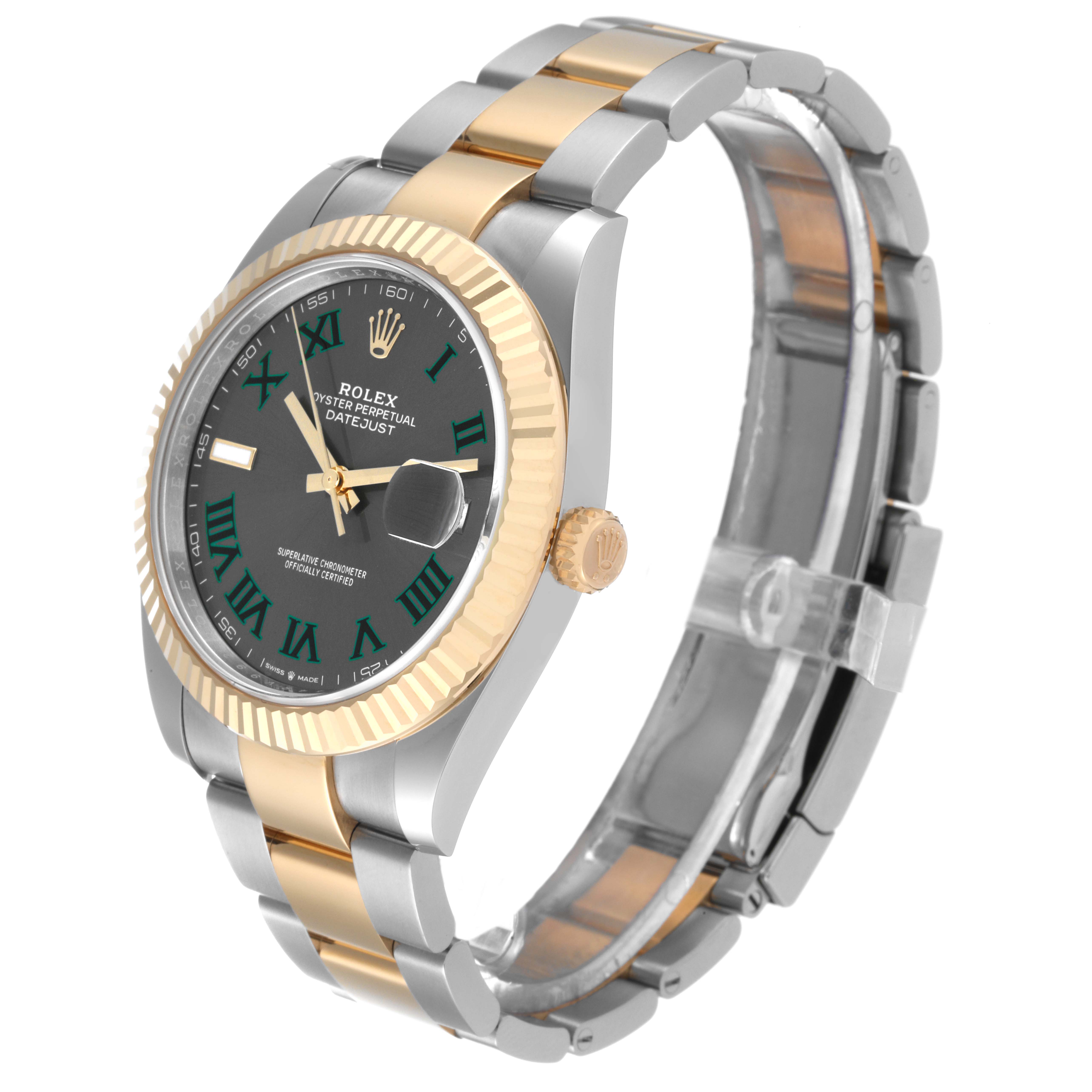 The Rolex Datejust 41 126333 Men's Steel and Gold (two tone) Grey Dial 126333 Men's Steel and Gold (two tone) Grey Dial watch is photographed at an angle showing its dial, bezel, crown, and two-tone bracelet.