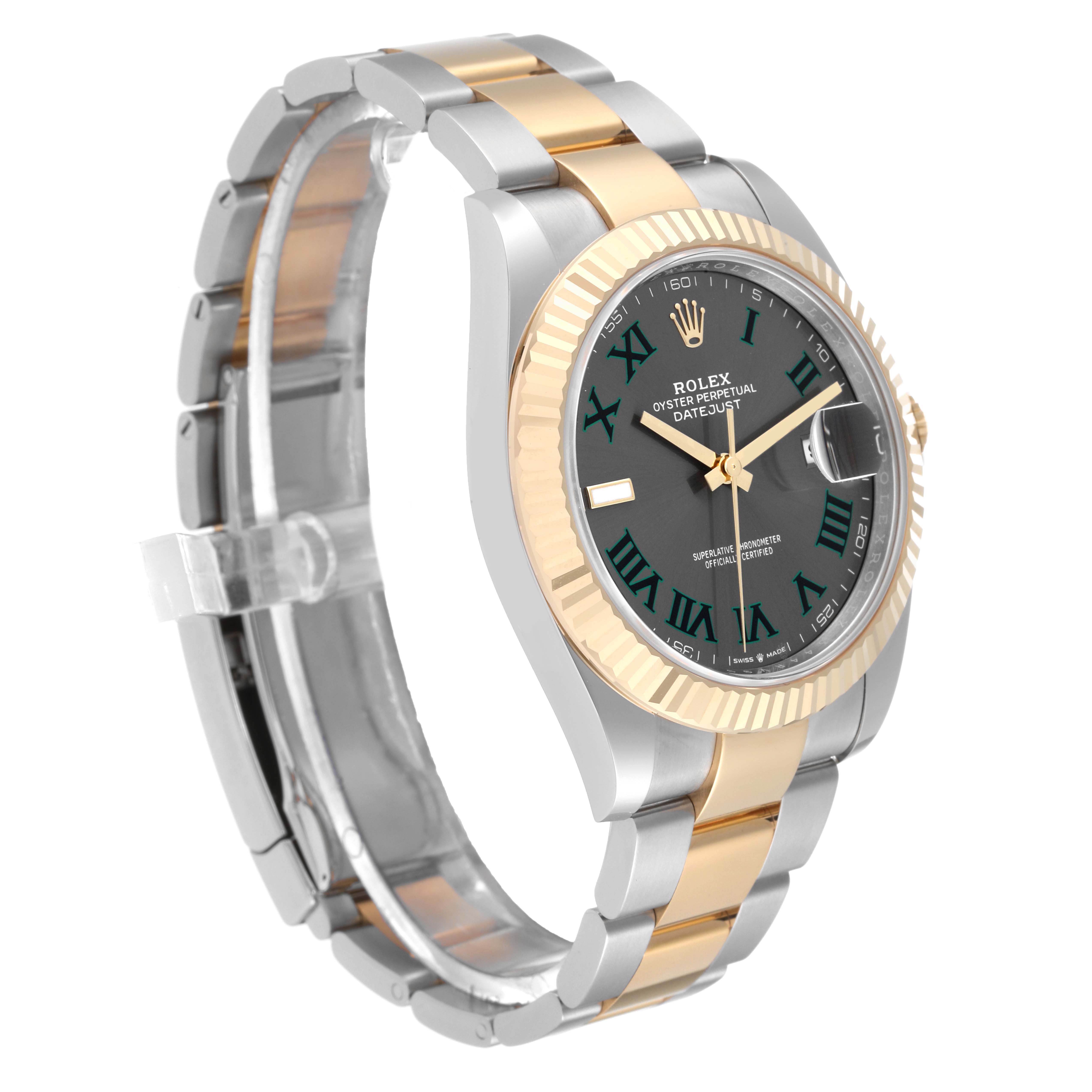 The image shows a side angle of a Rolex Datejust 41 126333 Men's Steel and Gold (two tone) Grey Dial 126333 Men's Steel and Gold (two tone) Grey Dial model watch, highlighting its two-tone metal band and fluted bezel.