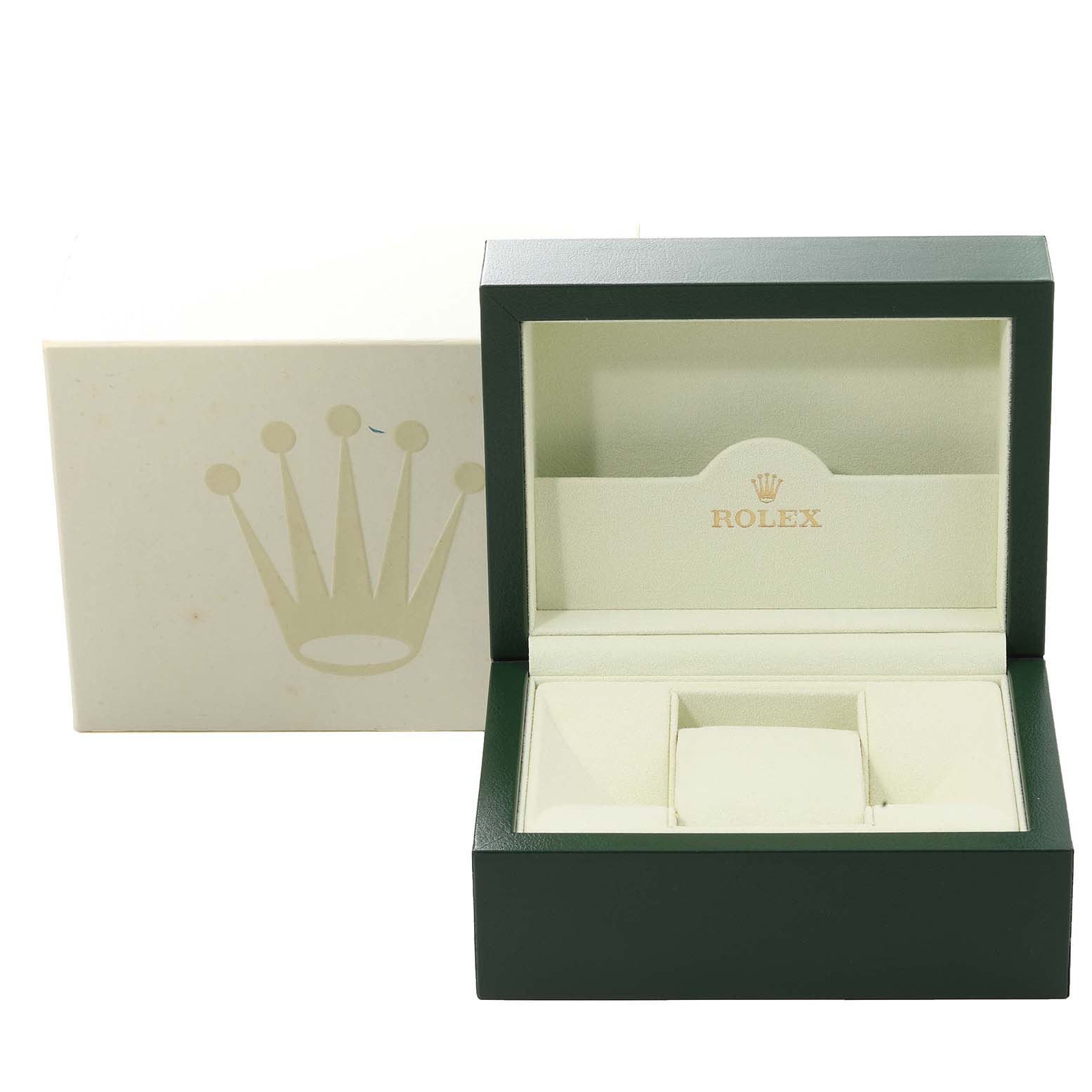 The image shows an open empty Rolex watch box for the Datejust model from a front angle.