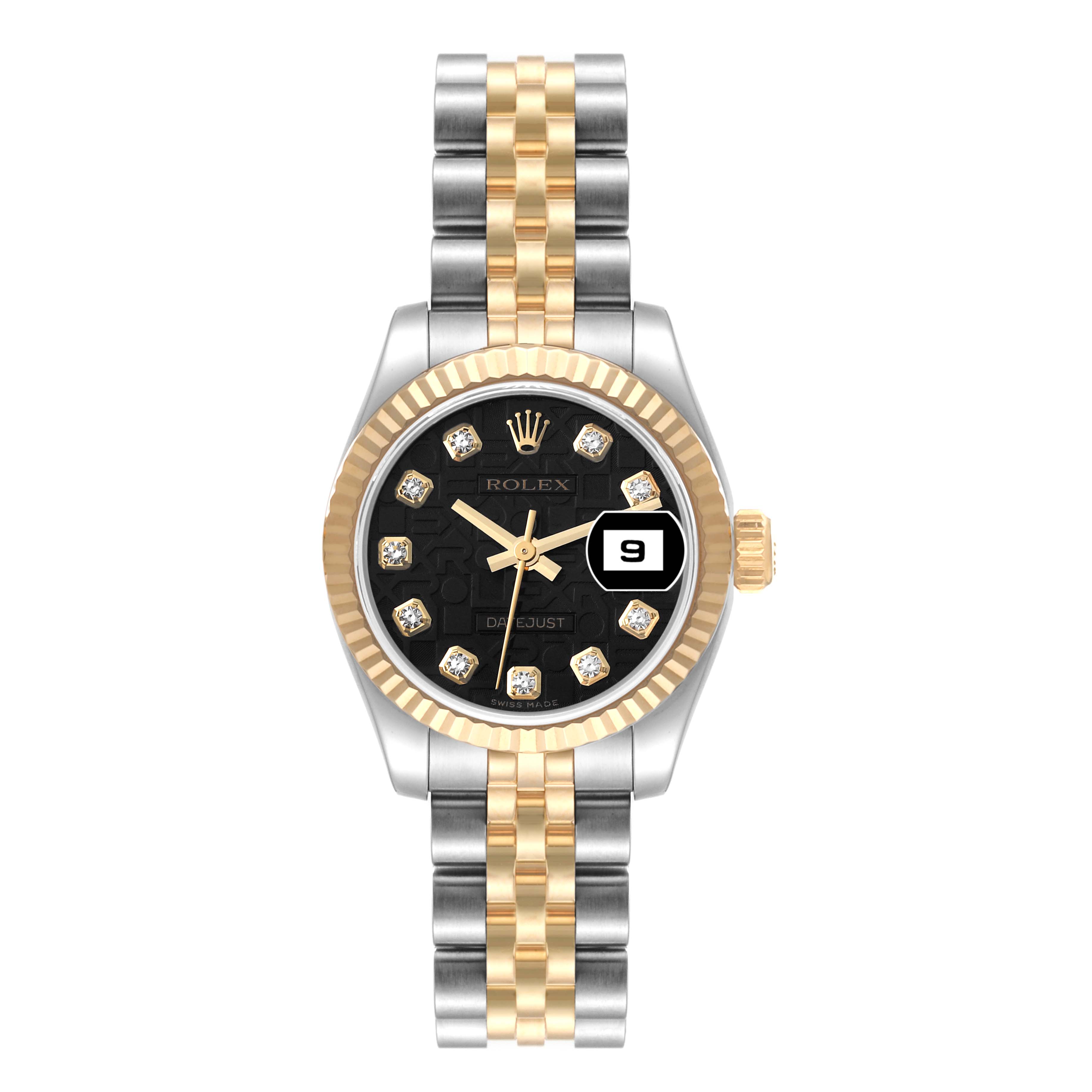 The Rolex Datejust 179173 Women's Steel and Gold (two tone) Black Dial 179173 Women's Steel and Gold (two tone) Black Dial watch is shown from a top-down angle, showcasing its dial, bezel, and two-tone bracelet.