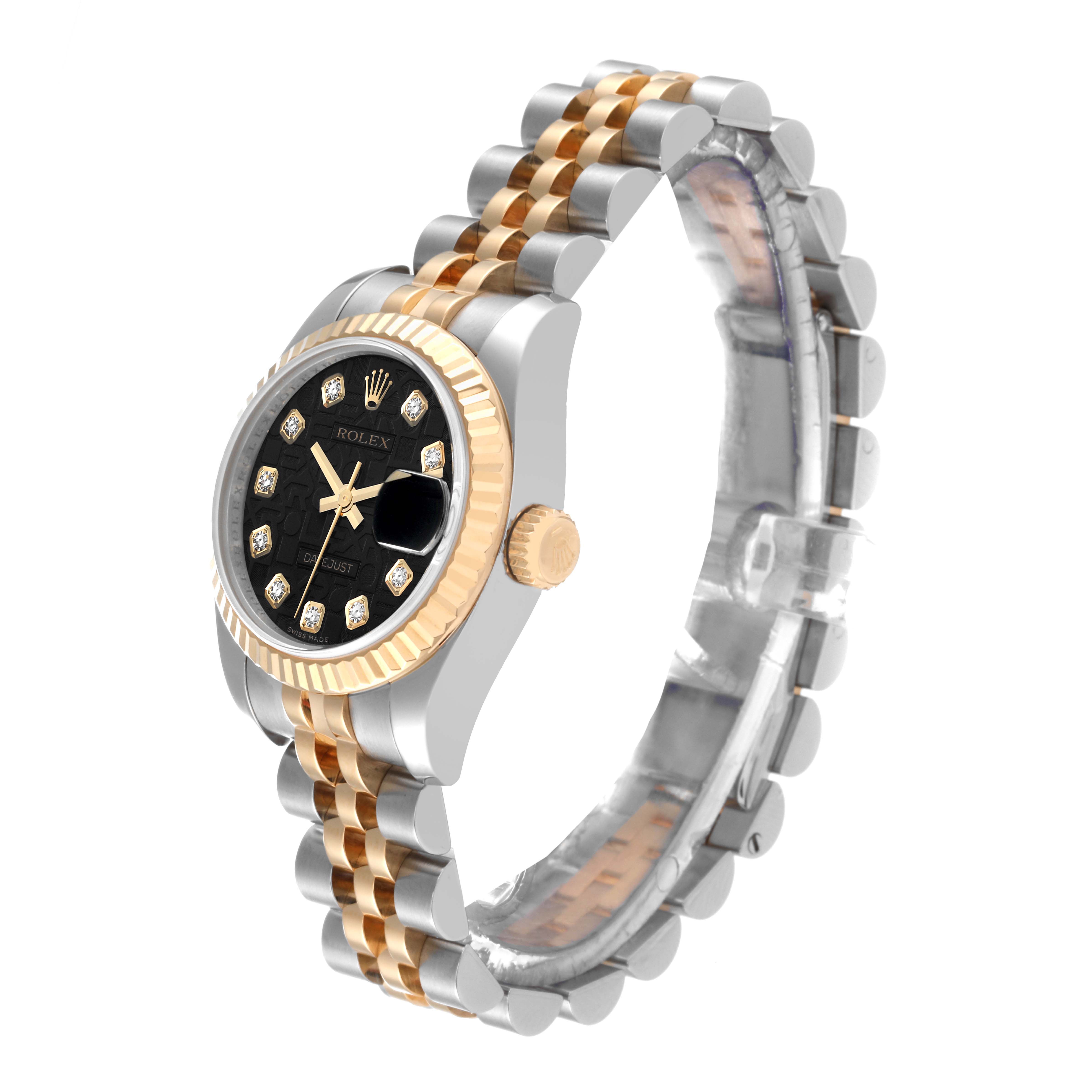 The Rolex Datejust 179173 Women's Steel and Gold (two tone) Black Dial 179173 Women's Steel and Gold (two tone) Black Dial watch is displayed at an angle showcasing its black dial, diamond hour markers, fluted bezel, crown, and two-tone bracelet.