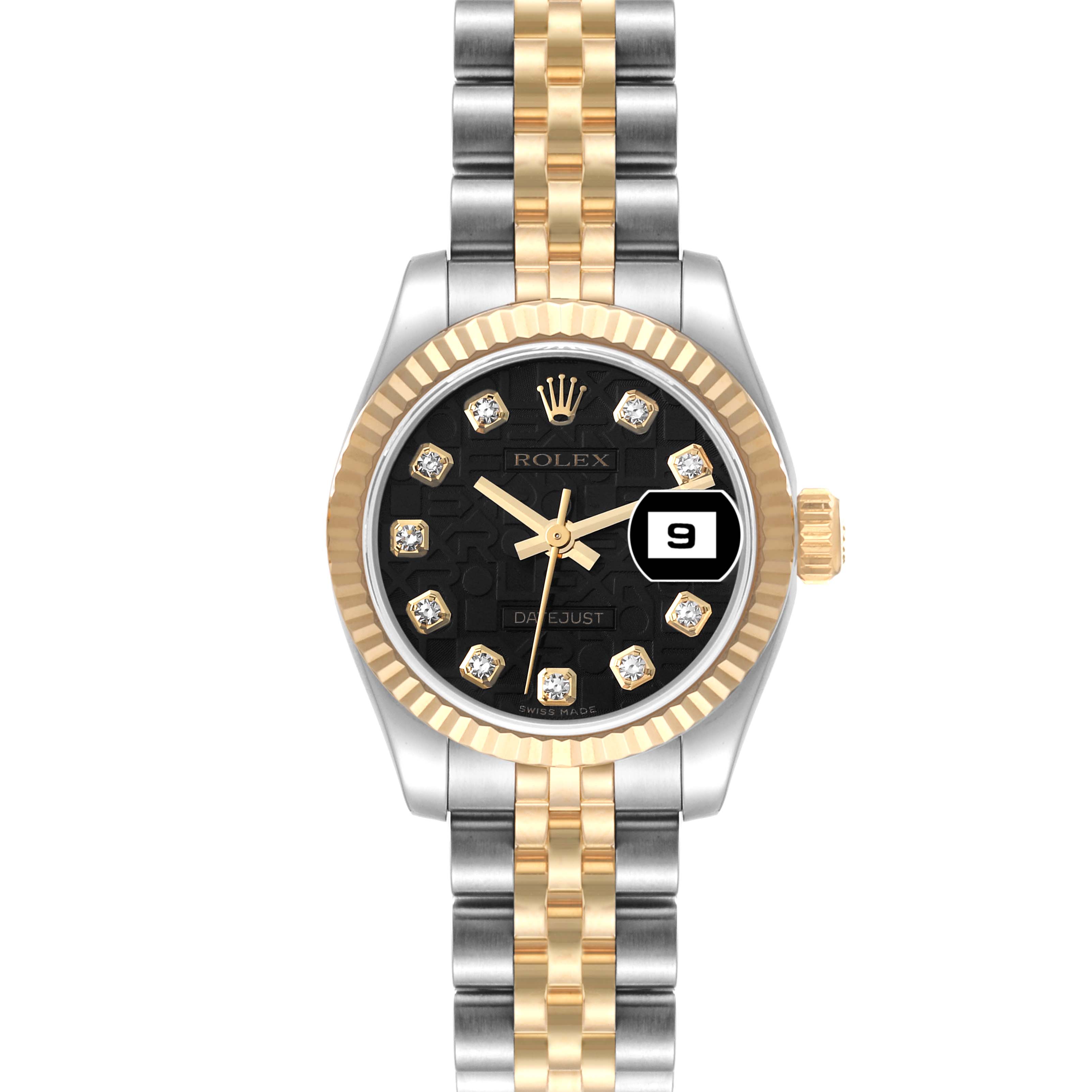 This image shows a front view of a Rolex Datejust 179173 Women's Steel and Gold (two tone) Black Dial 179173 Women's Steel and Gold (two tone) Black Dial watch with a two-tone gold and silver bracelet and a black dial.