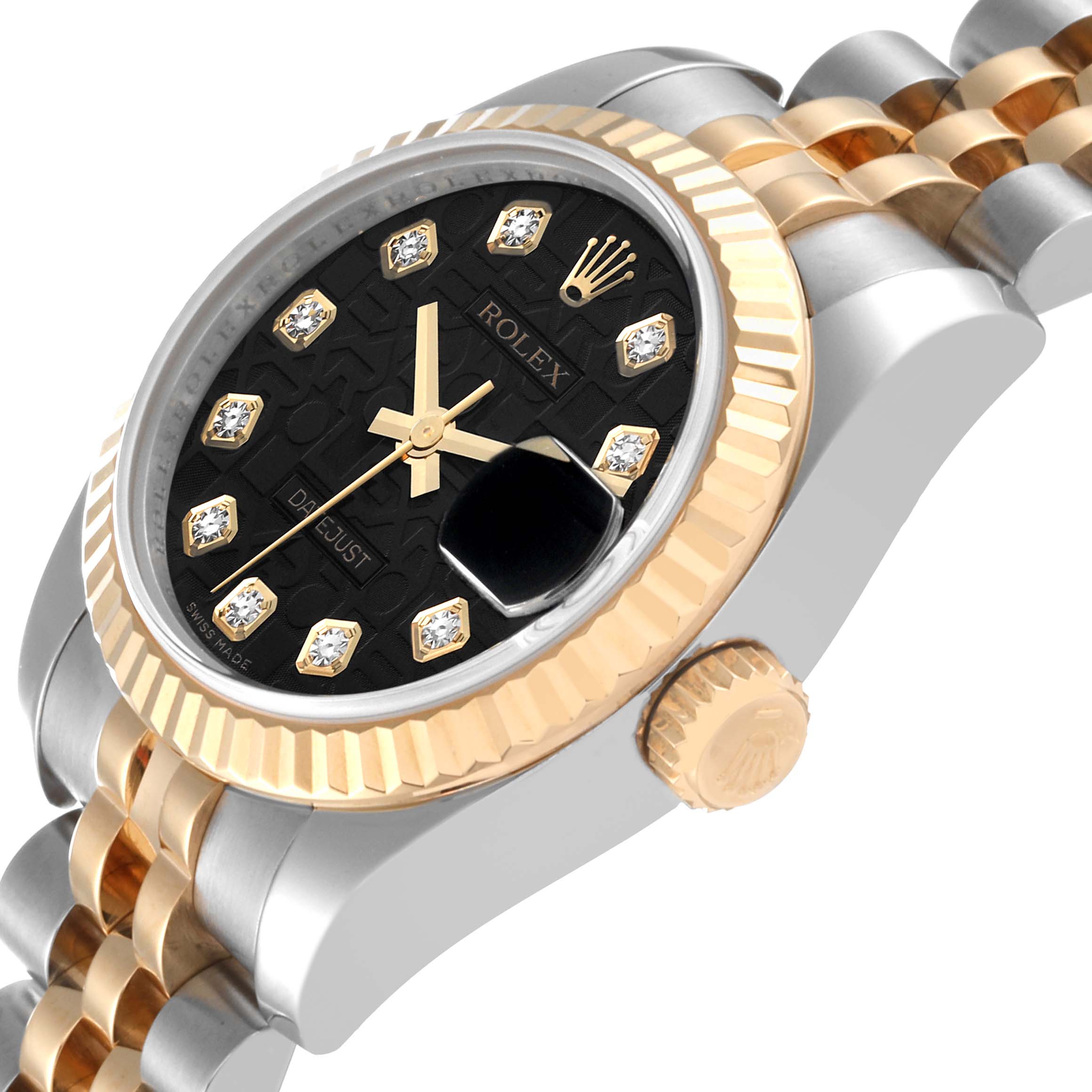 The image shows a Rolex Datejust 179173 Women's Steel and Gold (two tone) Black Dial 179173 Women's Steel and Gold (two tone) Black Dial watch at an angled close-up, highlighting the black dial, crown, and part of the two-tone bracelet.
