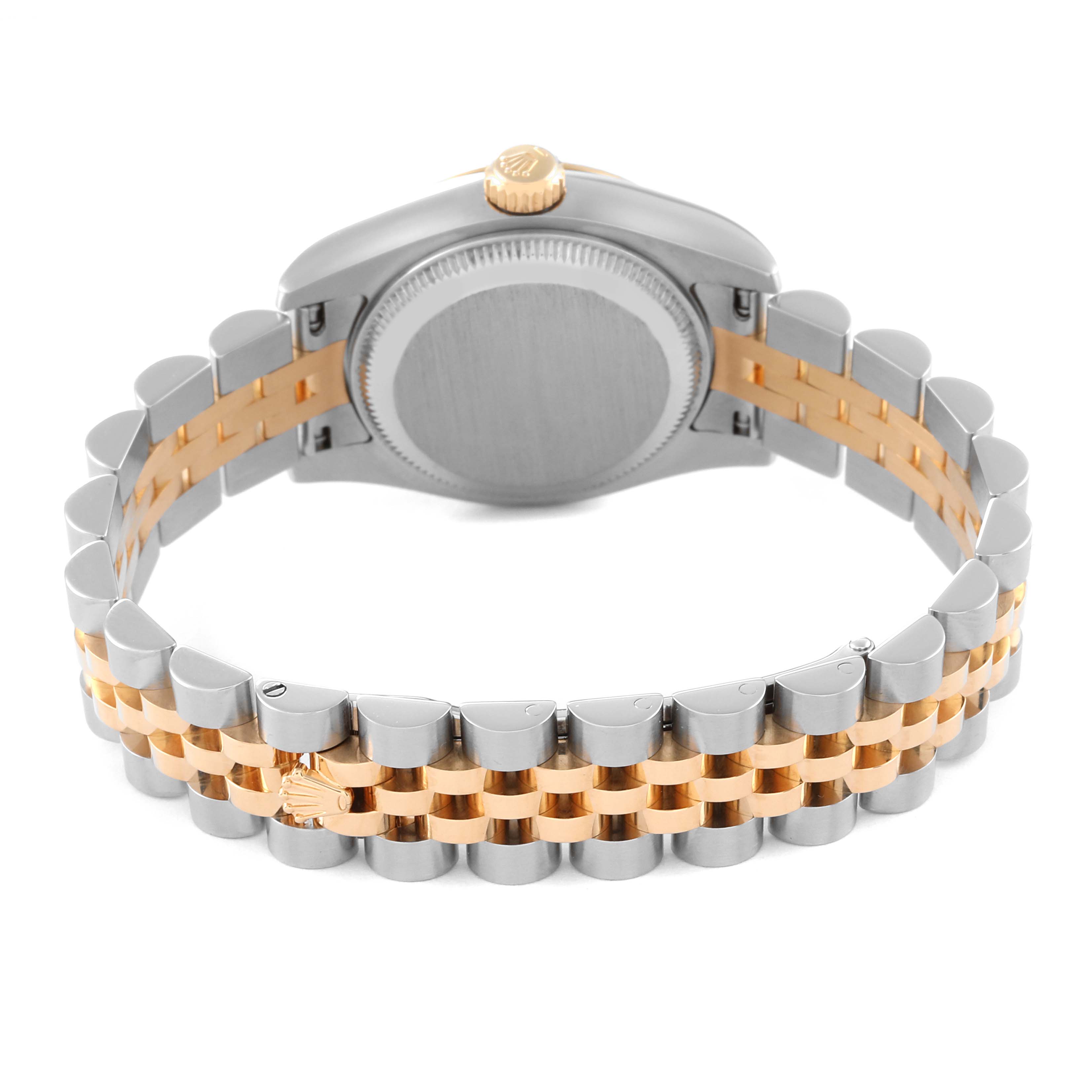 This image shows the back view of the Rolex Datejust 179173 Women's Steel and Gold (two tone) Black Dial 179173 Women's Steel and Gold (two tone) Black Dial watch, highlighting the case back and bi-tone bracelet links.