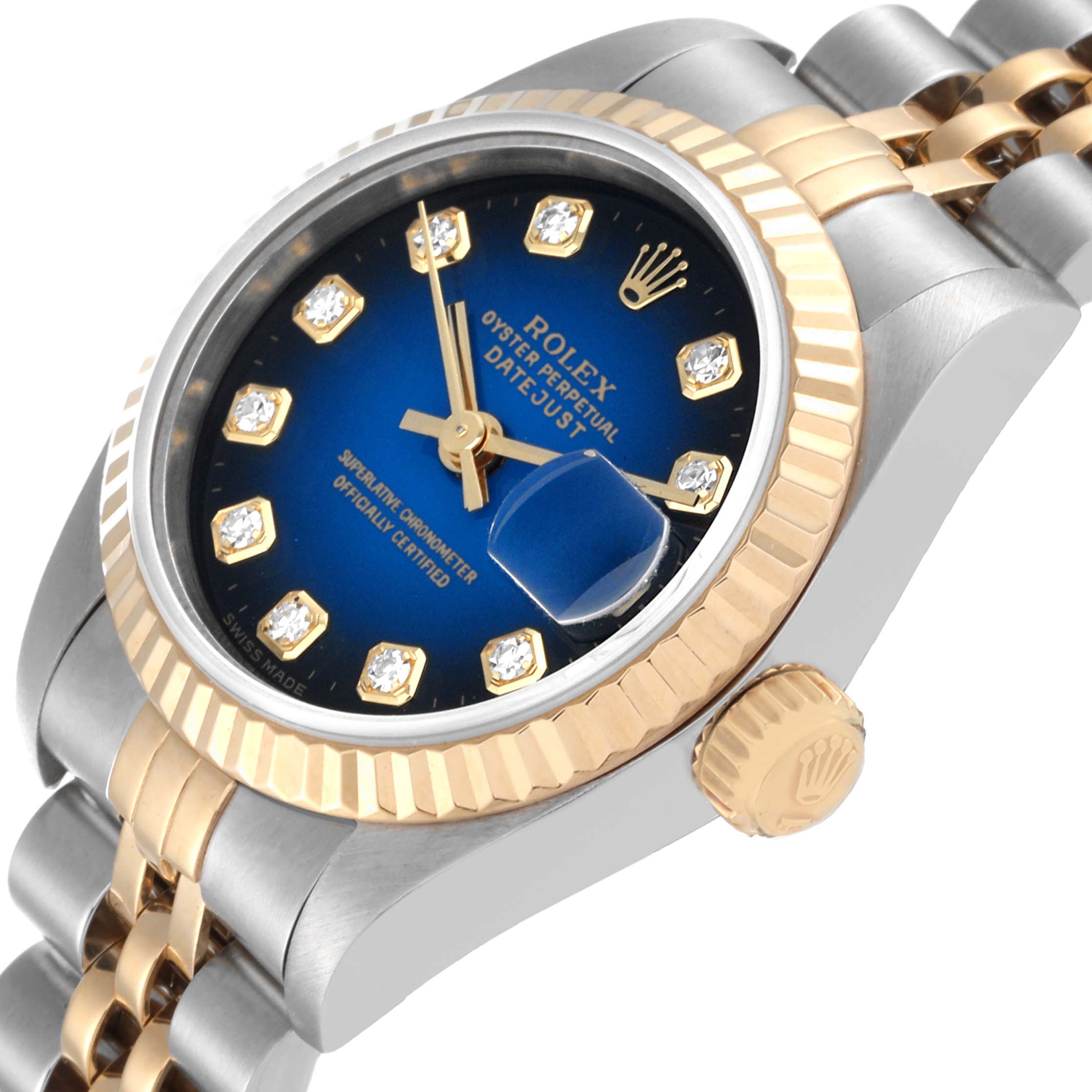 This image shows a close-up angle of a Rolex Datejust 69173 Women's Steel and Gold (two tone) Blue Dial 69173 Women's Steel and Gold (two tone) Blue Dial watch, highlighting its dial, bezel, crown, and bracelet.