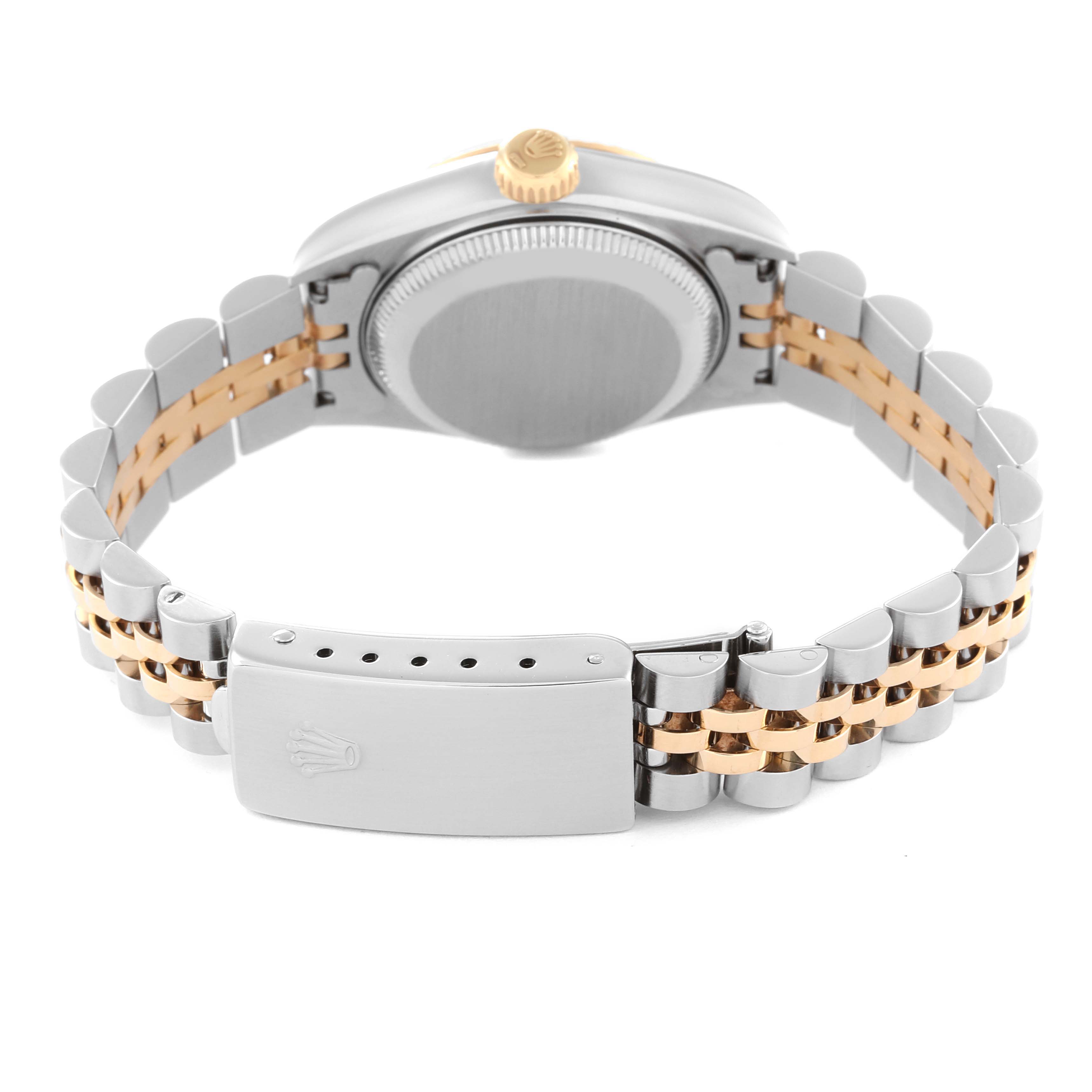 The image shows the back view of a Rolex Datejust 69173 Women's Steel and Gold (two tone) Blue Dial 69173 Women's Steel and Gold (two tone) Blue Dial watch, highlighting its case back, bracelet, and clasp.