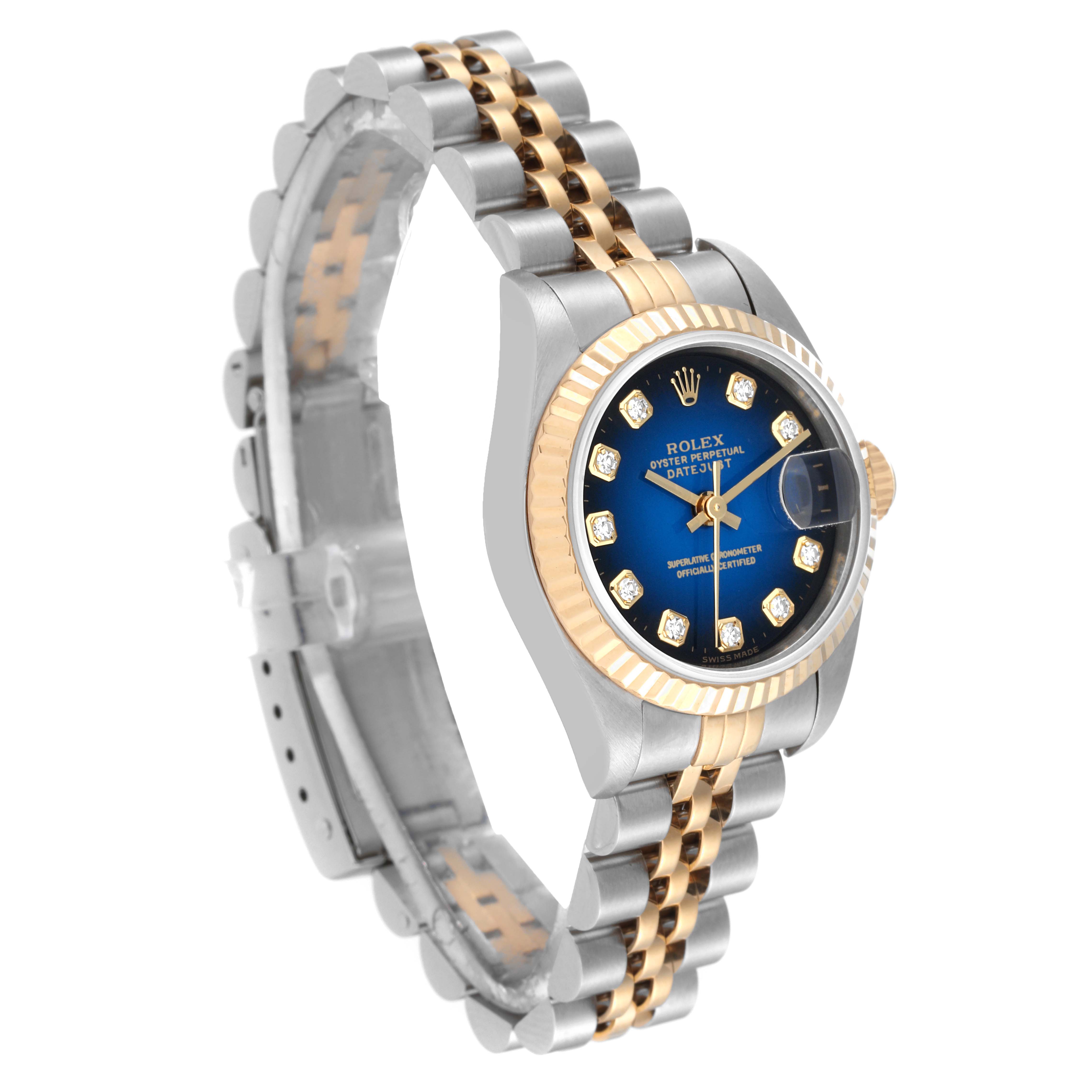 The image shows a Rolex Datejust 69173 Women's Steel and Gold (two tone) Blue Dial 69173 Women's Steel and Gold (two tone) Blue Dial watch from an angled side view, highlighting its two-tone bracelet and blue dial.