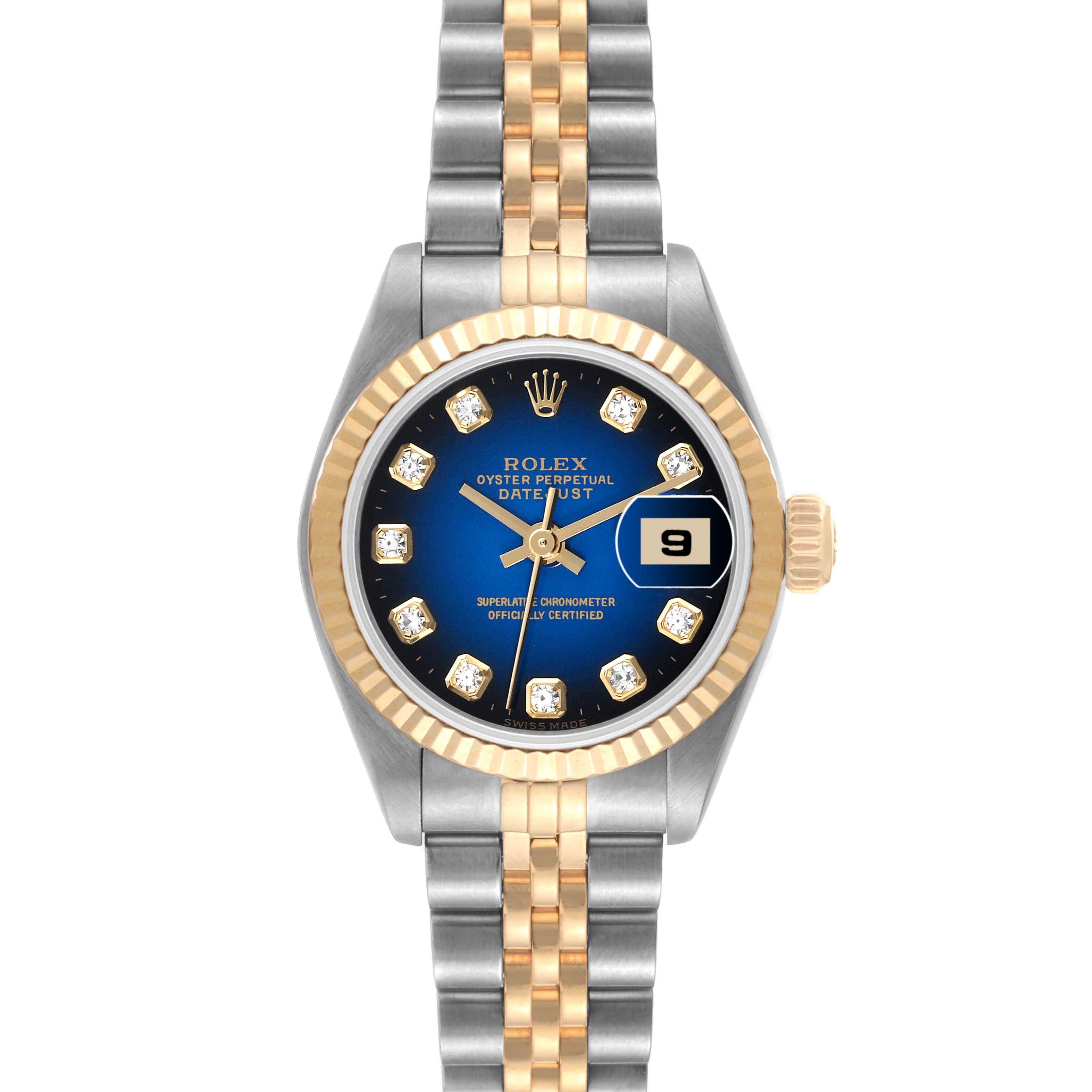 This image shows a Rolex Datejust 69173 Women's Steel and Gold (two tone) Blue Dial 69173 Women's Steel and Gold (two tone) Blue Dial watch with a blue dial, two-tone Jubilee bracelet, diamond hour markers, and date window.