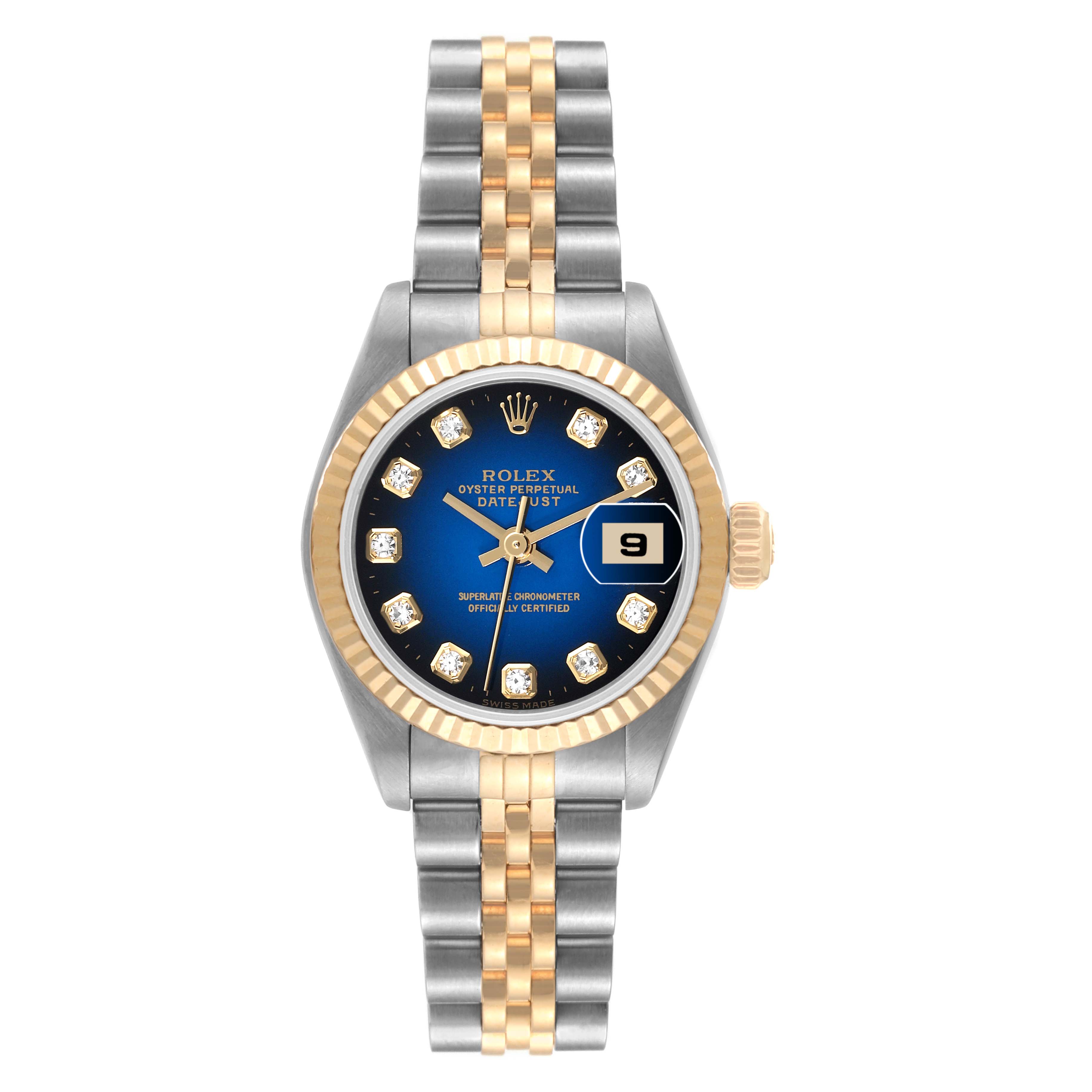 This image shows a Rolex Datejust 69173 Women's Steel and Gold (two tone) Blue Dial 69173 Women's Steel and Gold (two tone) Blue Dial watch from a front angle, showcasing its dial, bezel, and bracelet.
