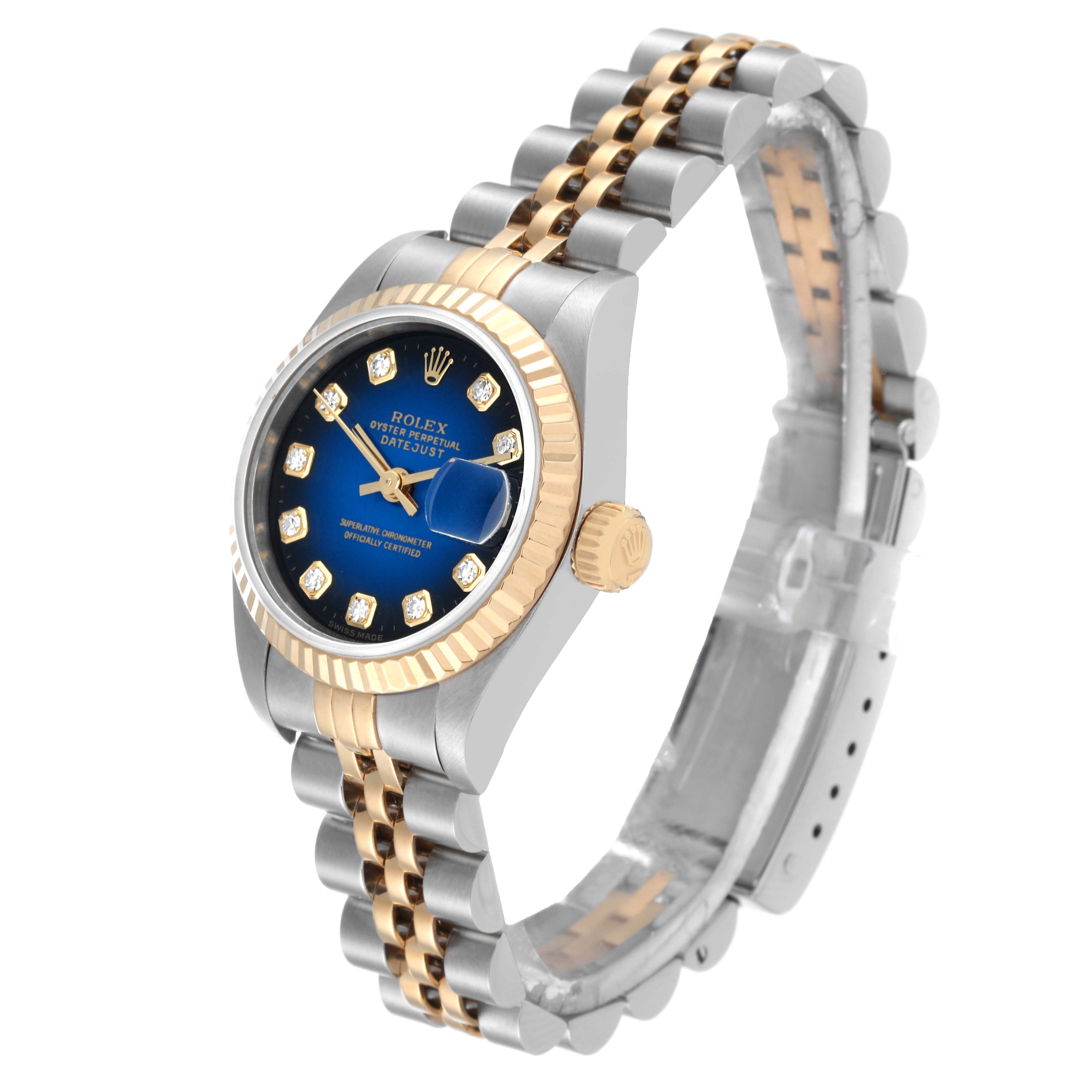The image shows a Rolex Datejust 69173 Women's Steel and Gold (two tone) Blue Dial 69173 Women's Steel and Gold (two tone) Blue Dial watch at an angle highlighting the face, crown, bezel, and the jubilee bracelet.