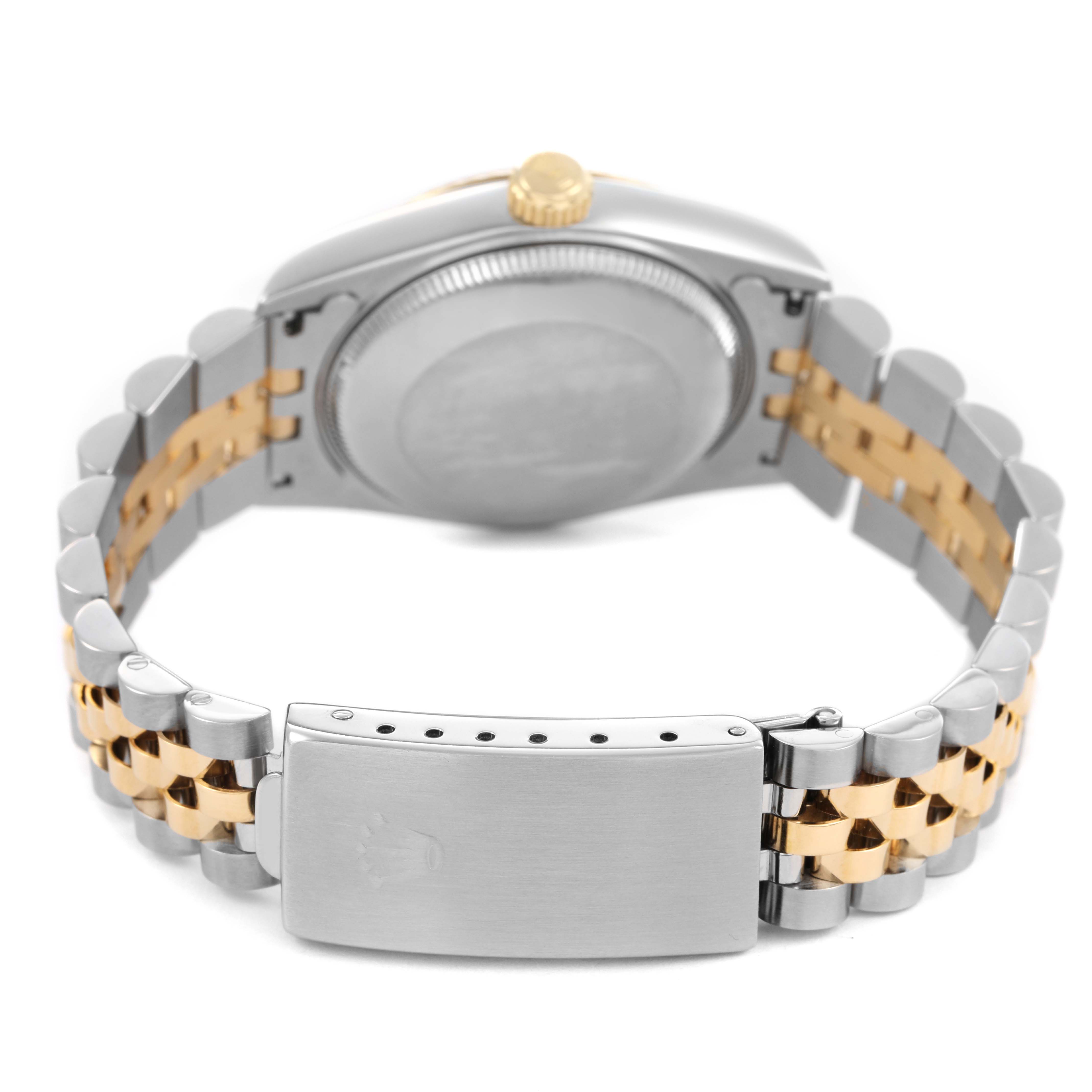 The image shows the back of a Rolex Mid-Size 68273 Women's Steel and Gold (two tone) Champagne Dial watch, highlighting the caseback, bracelet, and clasp.