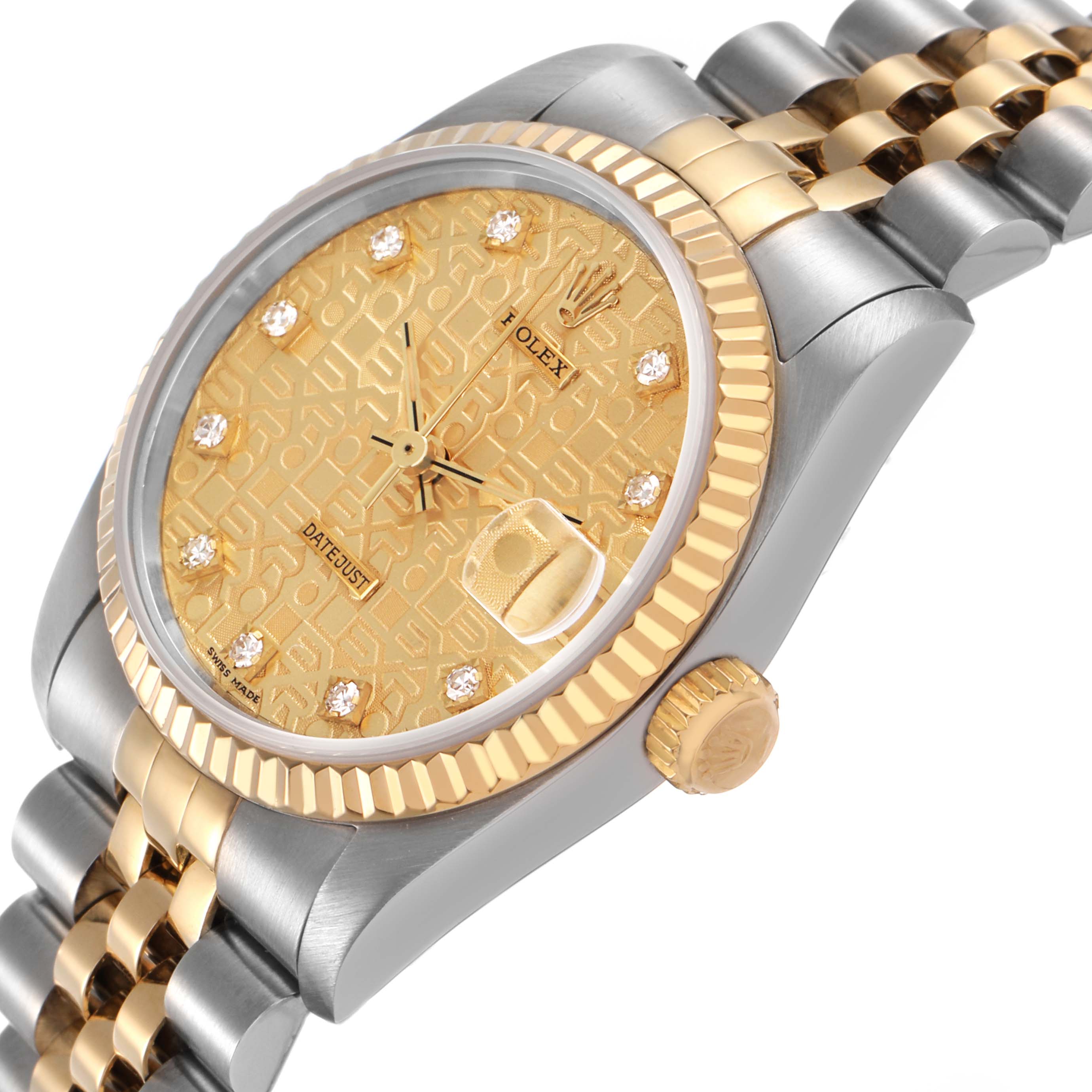 The Rolex Mid-Size 68273 Women's Steel and Gold (two tone) Champagne Dial model is shown at a slight angle displaying the dial, fluted bezel, crown, and part of the jubilee bracelet.