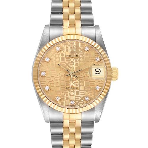 The Rolex Mid-Size 68273 Women's Steel and Gold (two tone) Champagne Dial watch is shown from the front, highlighting its gold dial, date feature, and two-tone bracelet.