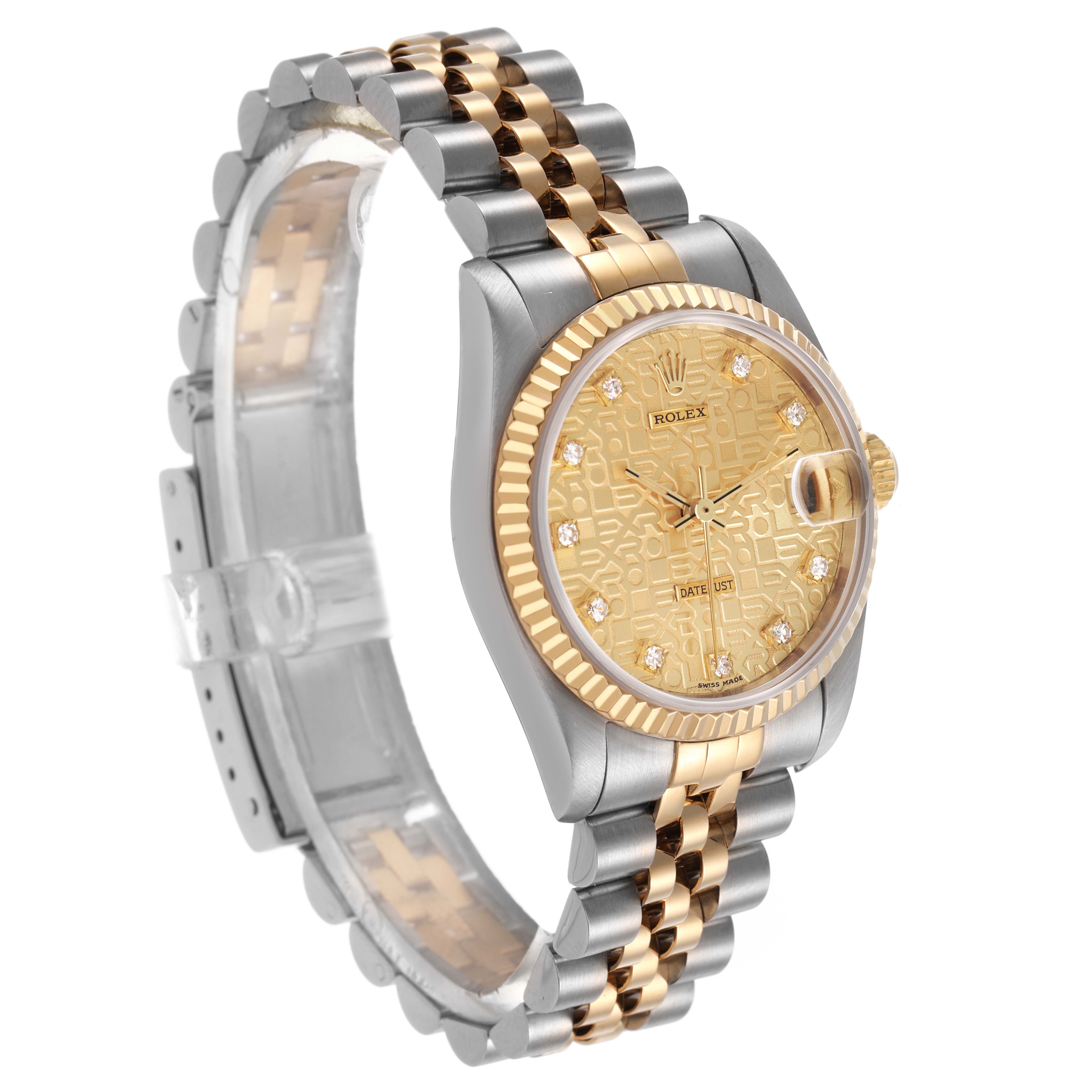 The Rolex Mid-Size 68273 Women's Steel and Gold (two tone) Champagne Dial model is shown at an angle highlighting its bracelet, gold-patterned dial, and bezel.