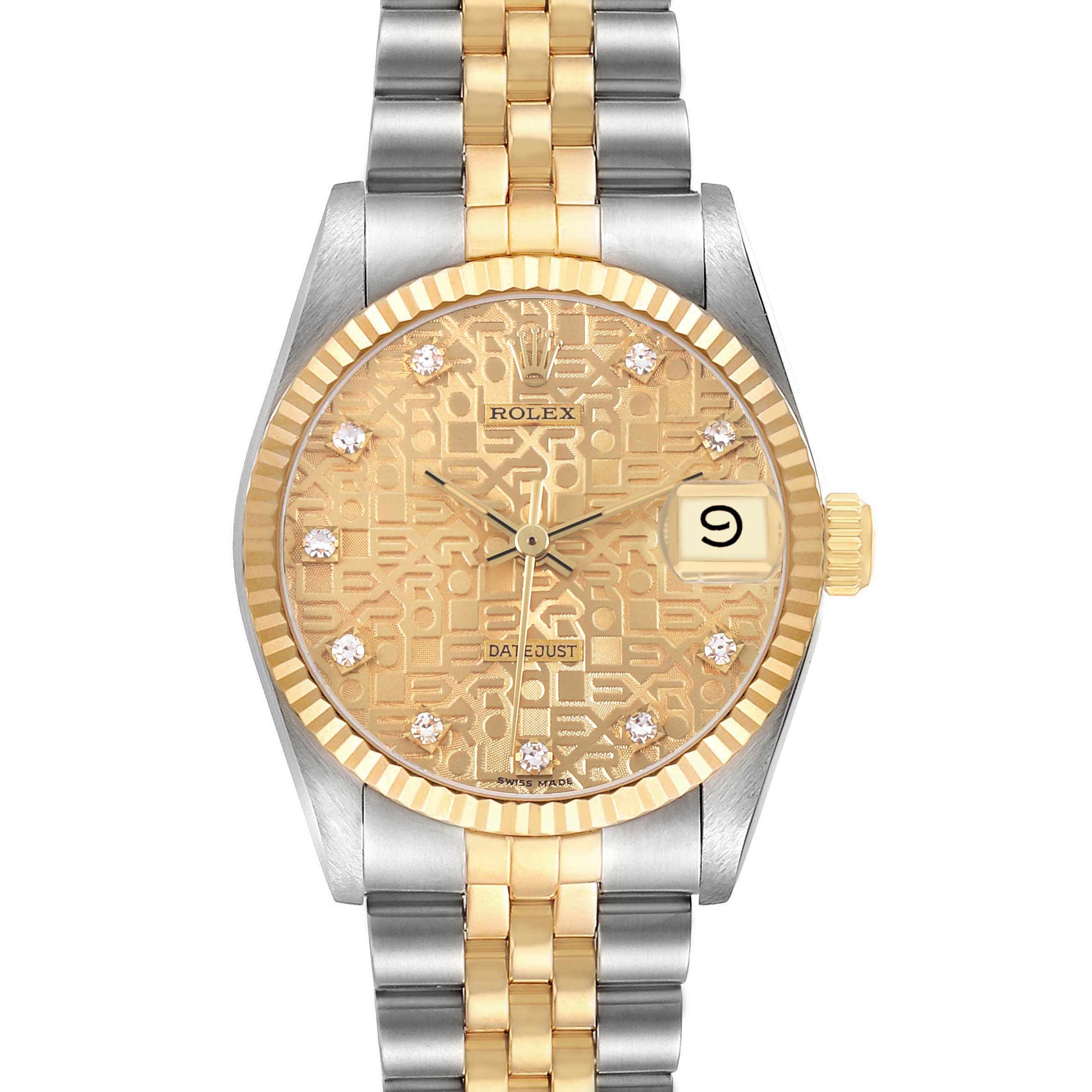 The Rolex Mid-Size 68273 Women's Steel and Gold (two tone) Champagne Dial watch is shown from a frontal view, displaying the face, bezel, crown, and part of the bracelet.