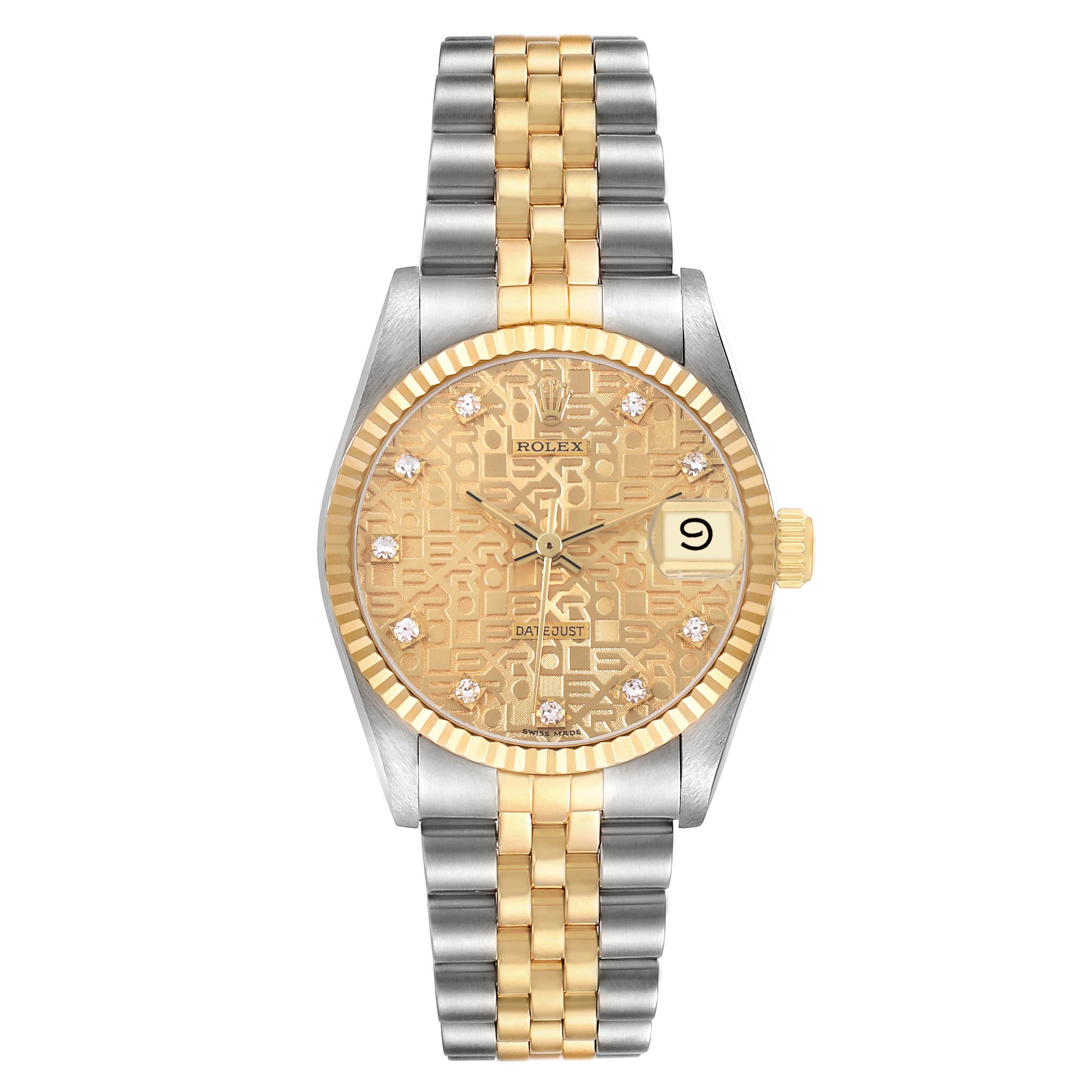 The Rolex Mid-Size 68273 Women's Steel and Gold (two tone) Champagne Dial watch is shown from a top-down angle, highlighting its gold-textured dial, fluted bezel, and two-tone bracelet.