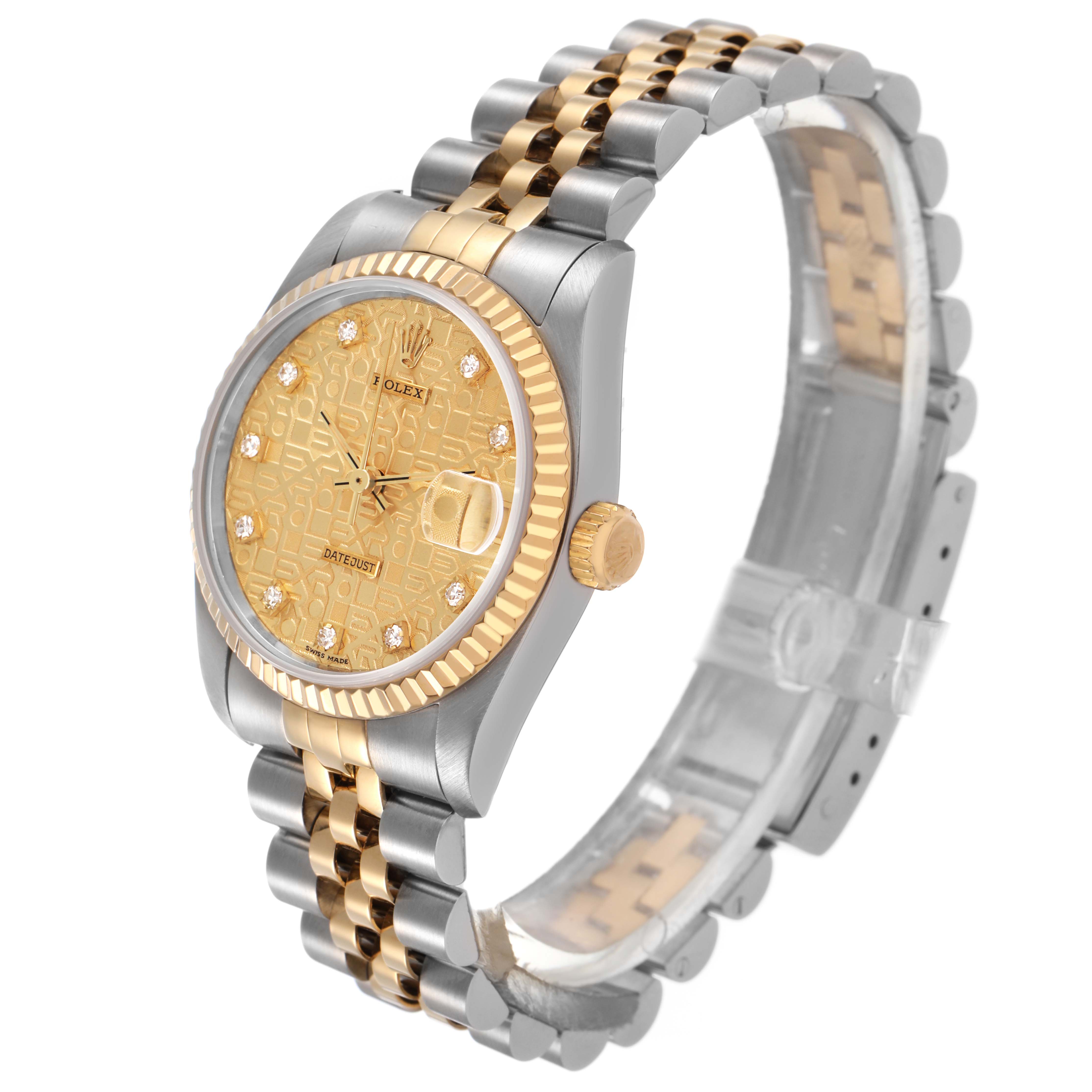 The Rolex Mid-Size 68273 Women's Steel and Gold (two tone) Champagne Dial watch is shown in a three-quarter angle, highlighting the face, bezel, crown, and two-tone bracelet.