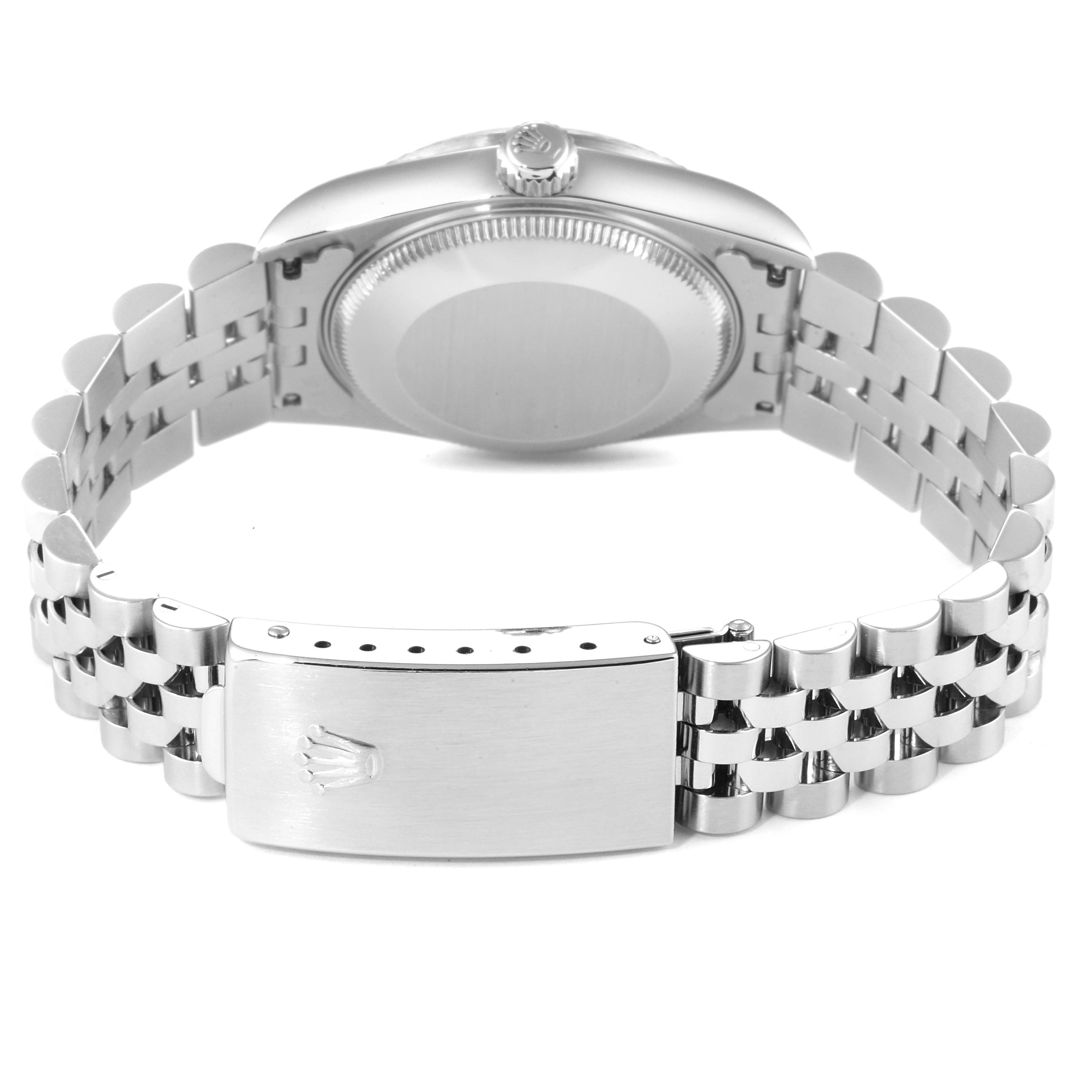 This image shows the back view of a Rolex Mid-Size 78274 Women
s Stainless Steel Black Dial 78274 Women
s Stainless Steel Black Dial watch, displaying its case back, crown, and bracelet clasp.