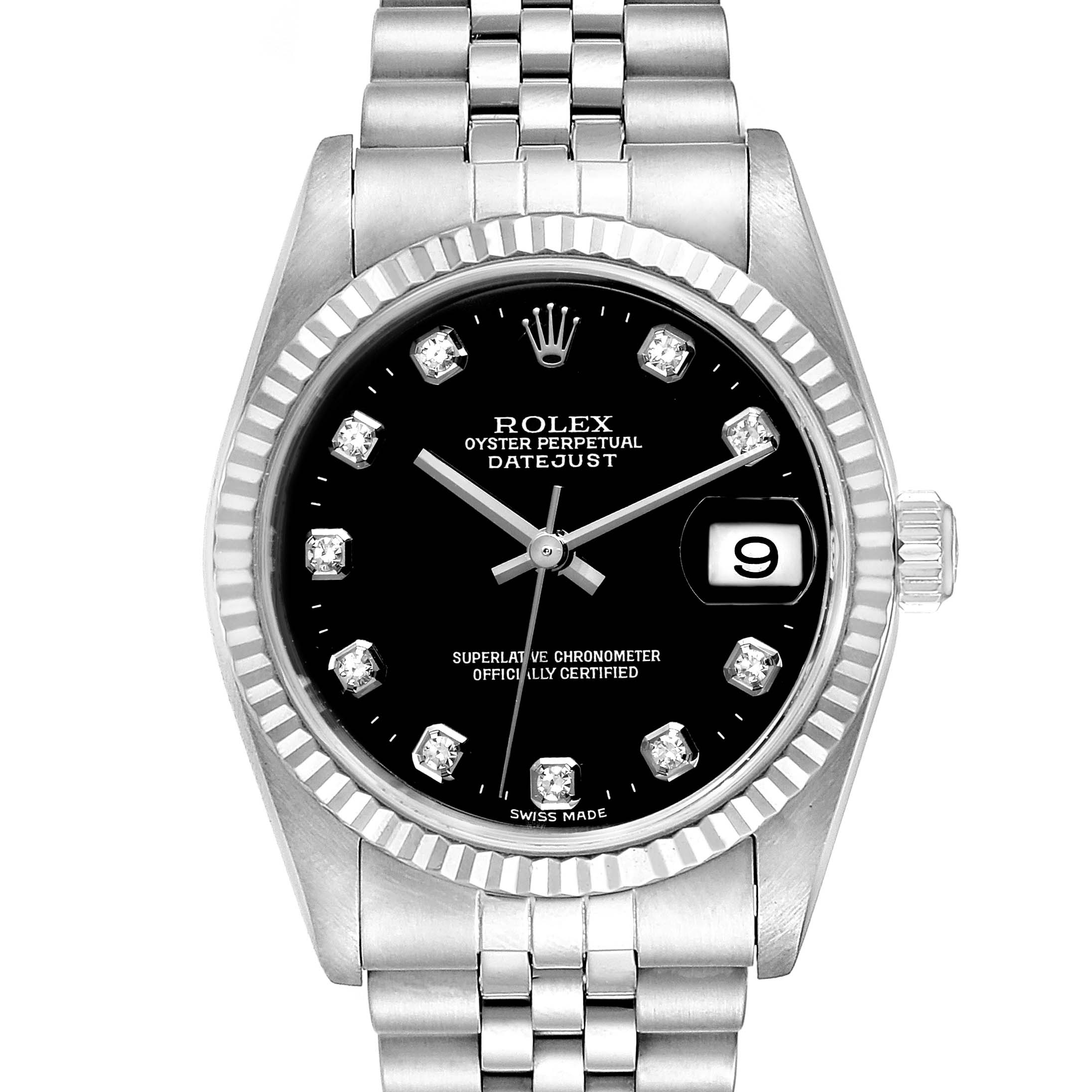 This image shows a front view of a Mid-Size Rolex Datejust watch, highlighting the black dial, date window, and jubilee bracelet.