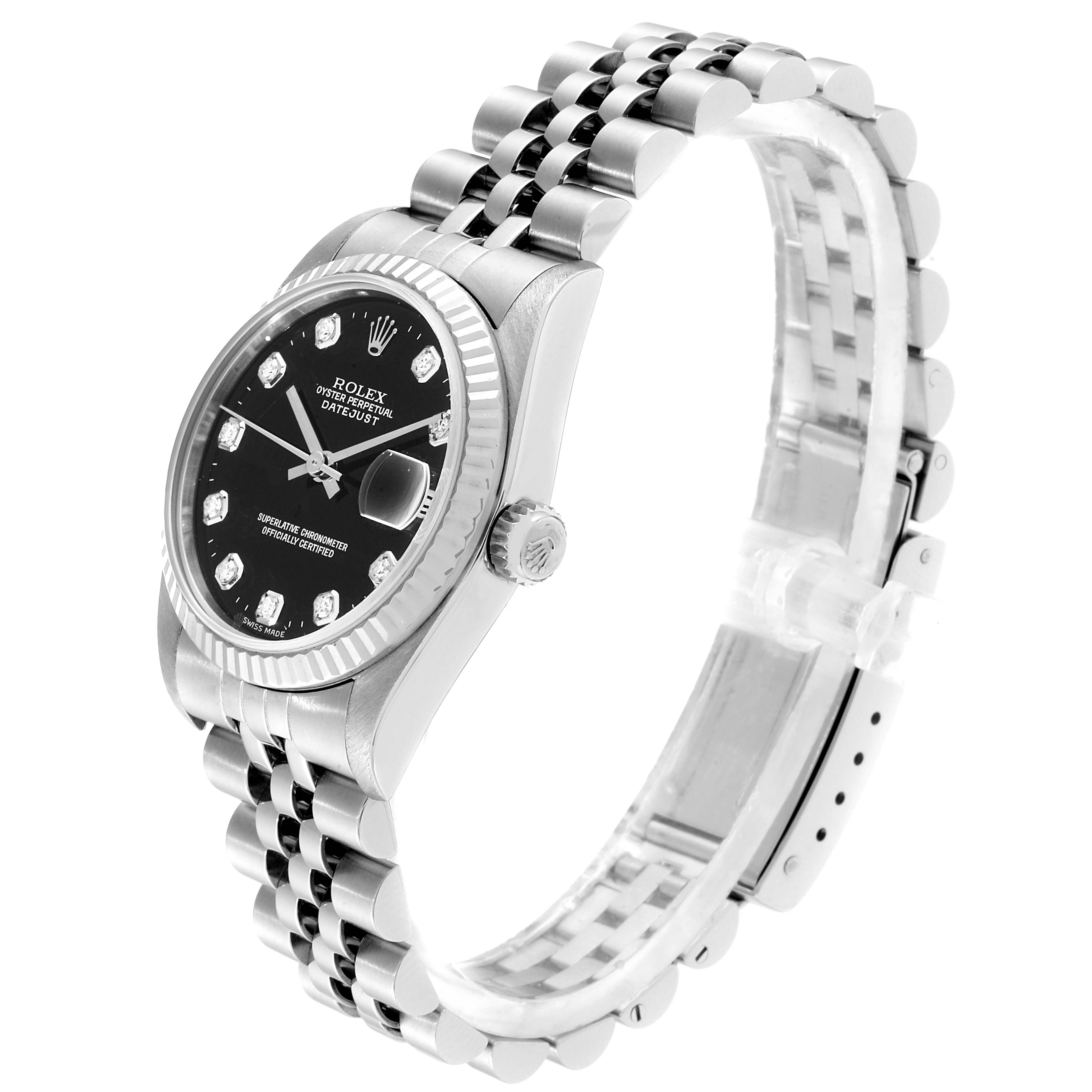 The image shows a side angle of the Rolex Datejust Mid-Size watch, highlighting its bracelet, bezel, and dial.
