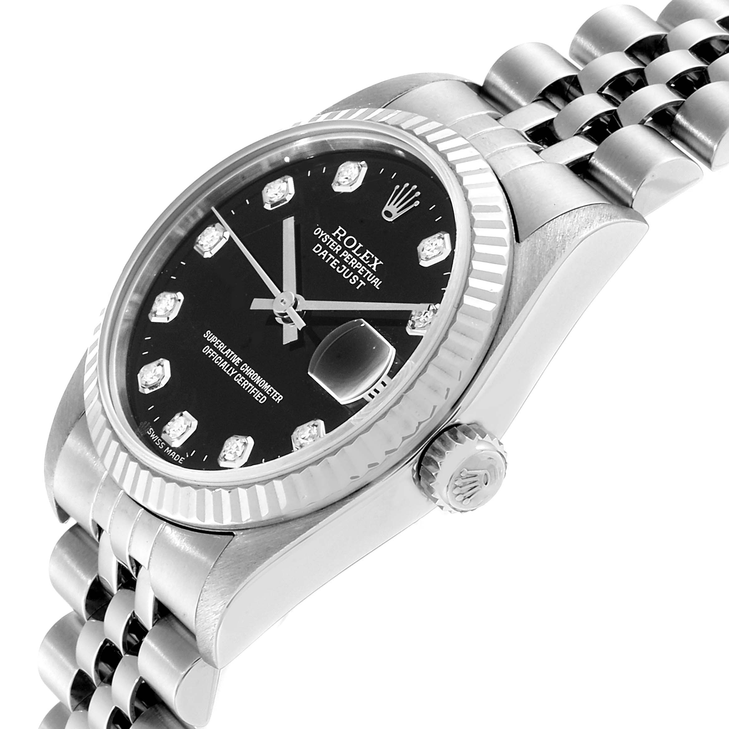The image displays a Rolex Oyster Perpetual Datejust Mid-Size watch, showing the face, bezel, crown, and part of the bracelet at an oblique angle.