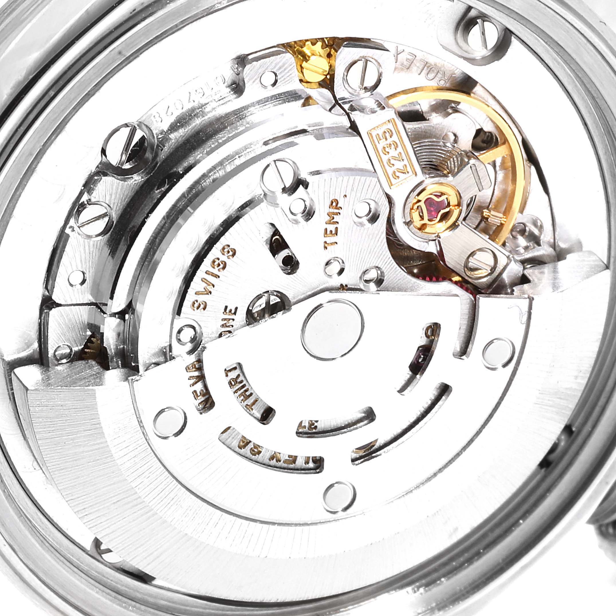 The image shows the detailed inner mechanism of a Rolex Mid-Size 78274 Women
s Stainless Steel Black Dial 78274 Women
s Stainless Steel Black Dial model watch, viewed from the back.