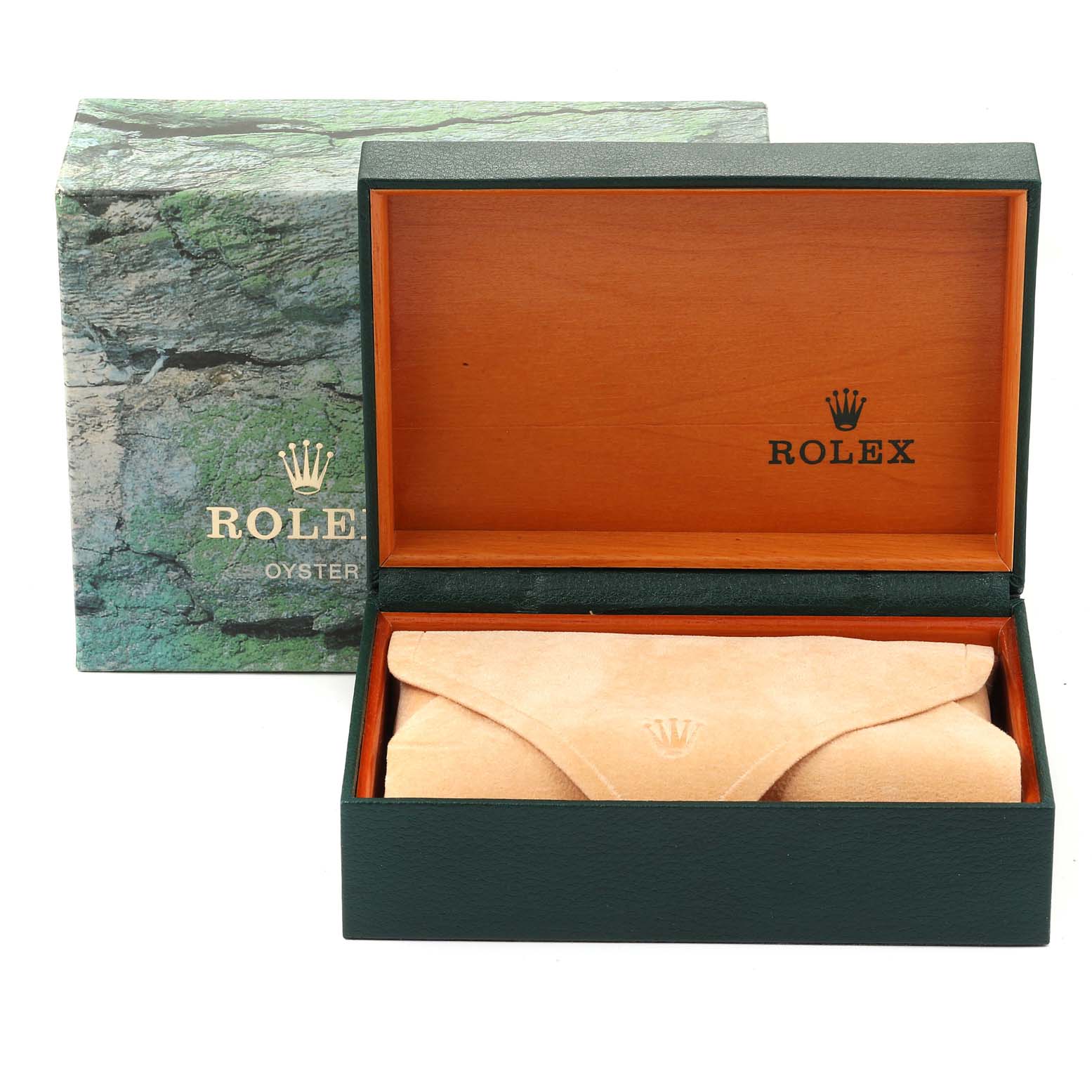 The image shows an open Rolex watch box with a suede pouch inside, showcasing the packaging for a Rolex Mid-Size 78274 Women
s Stainless Steel Black Dial 78274 Women
s Stainless Steel Black Dial model.