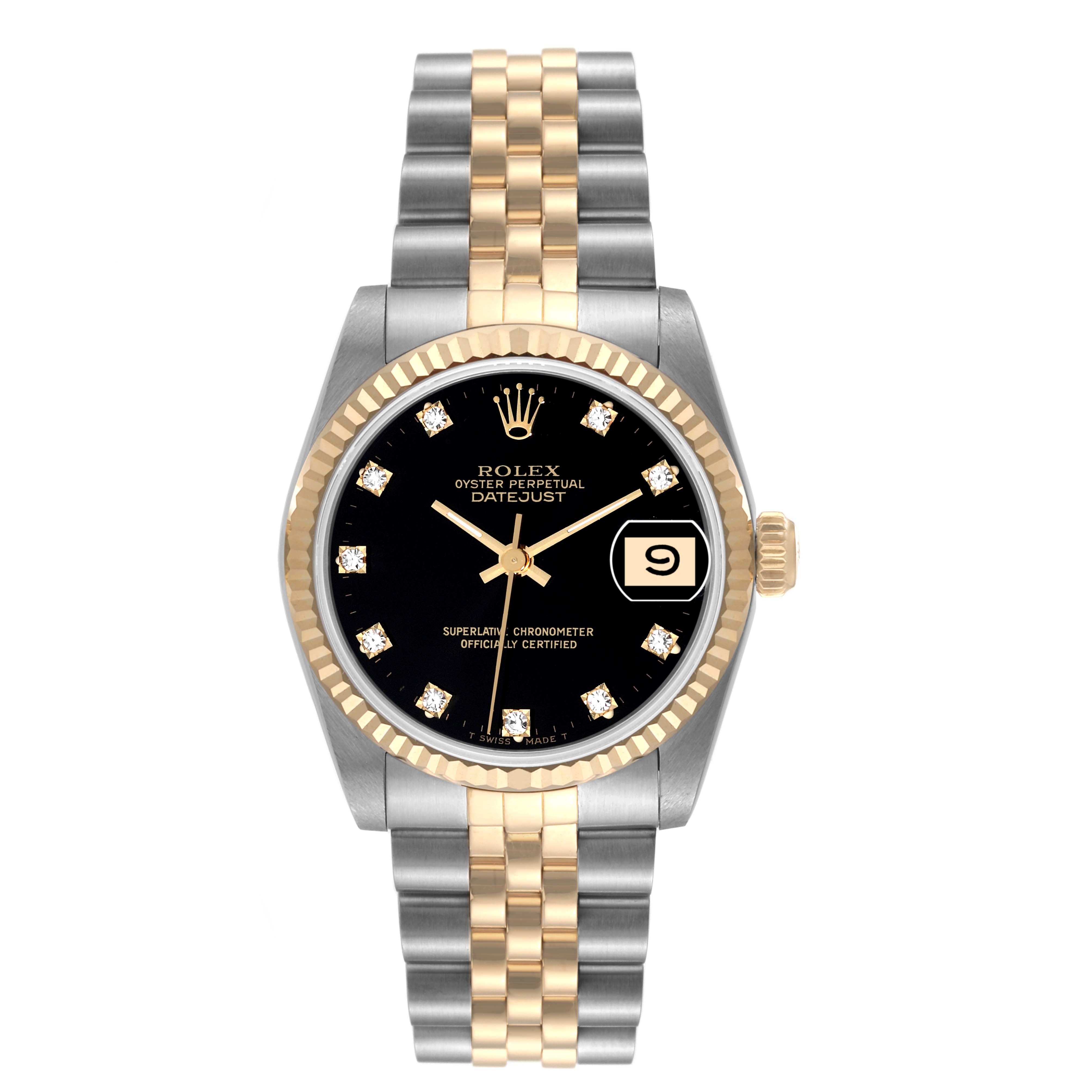 The image shows a front view of a Rolex Datejust Mid-Size watch with a two-tone bracelet and a black dial.