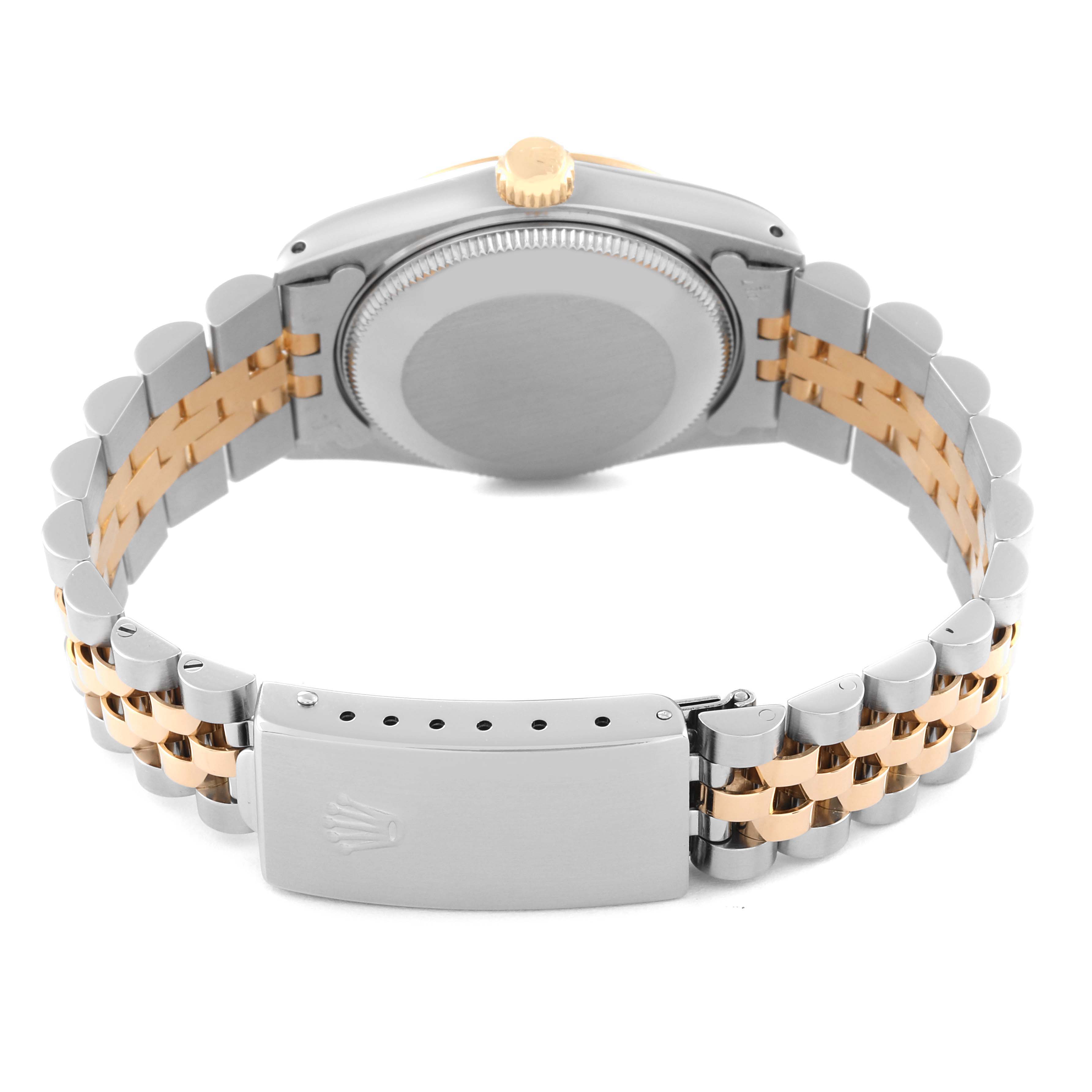 This image shows the back view of a Rolex Mid-Size 68273 Women's Steel and Gold (two tone) Black Dial 68273 Women's Steel and Gold (two tone) Black Dial model watch, highlighting the case back, crown, and bracelet.