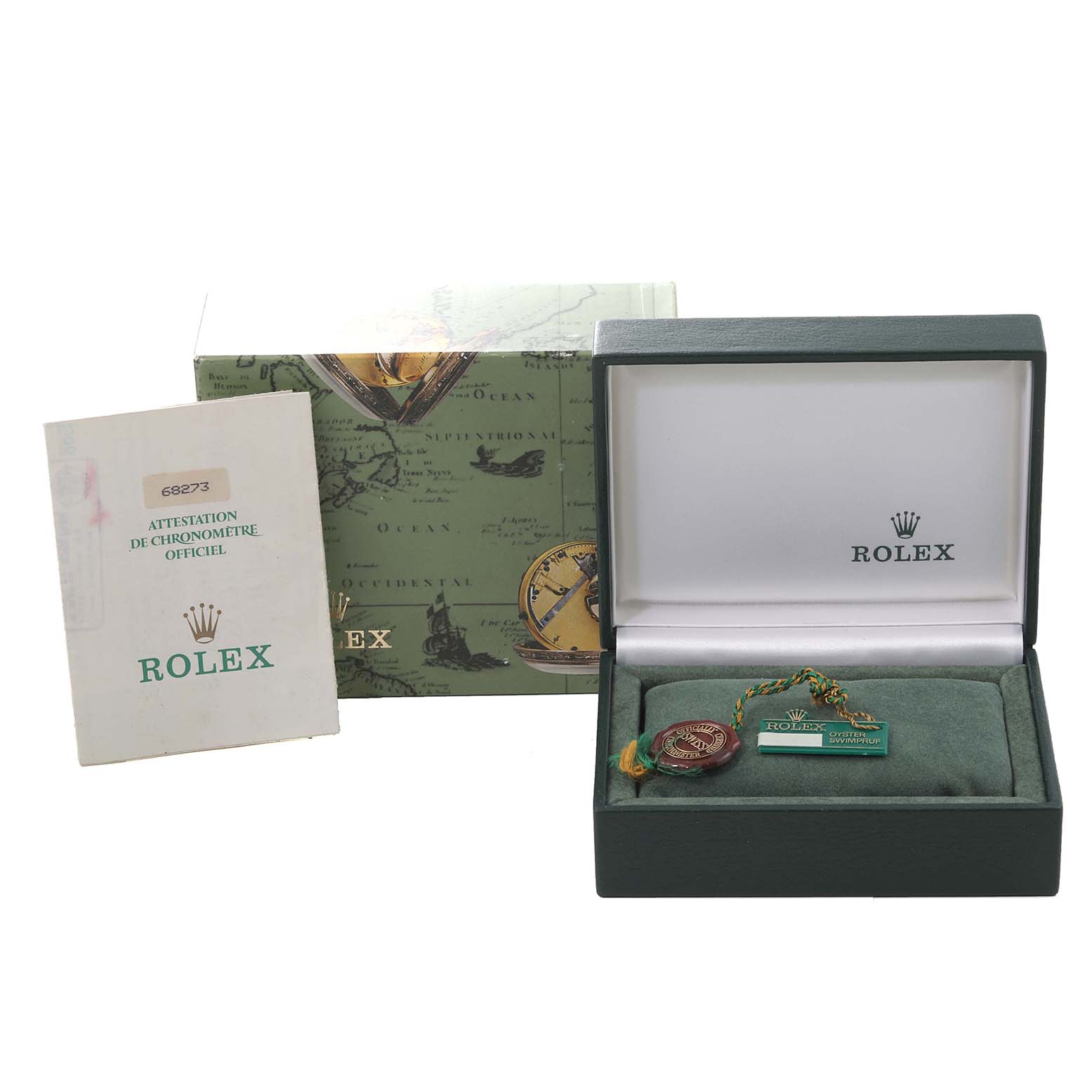 The image shows the packaging and accessories of a Rolex Mid-Size 68273 Women's Steel and Gold (two tone) Black Dial 68273 Women's Steel and Gold (two tone) Black Dial model, including the box, hangtags, and documentation.