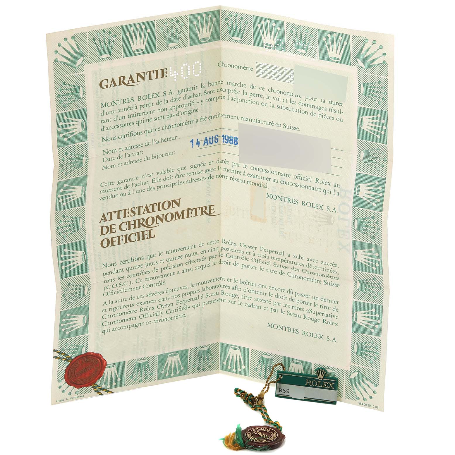 The image shows the warranty card and official chronometer certificate for a Rolex Mid-Size 68273 Women's Steel and Gold (two tone) Black Dial 68273 Women's Steel and Gold (two tone) Black Dial model, along with a Rolex tag and seal.