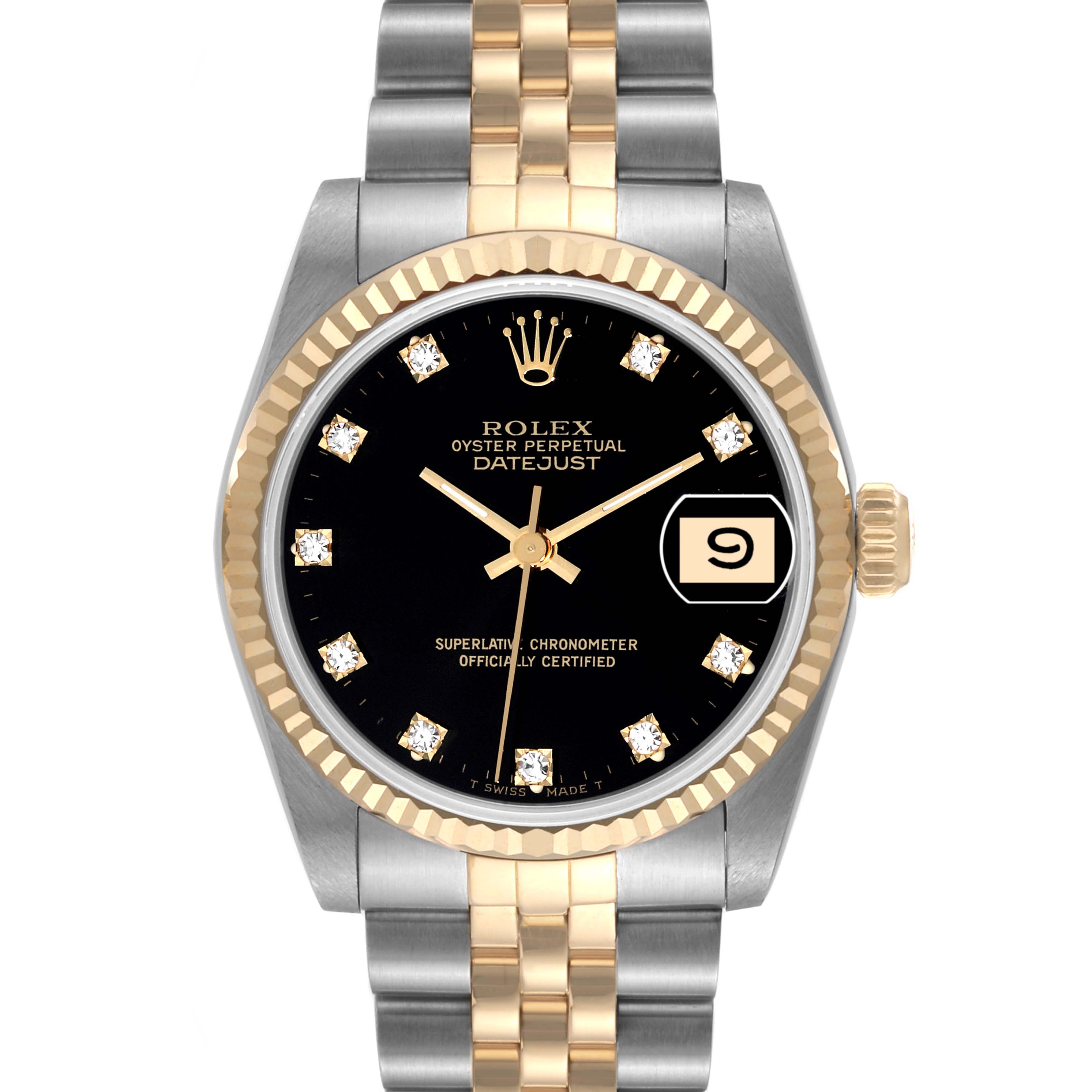 The image shows a front view of a Rolex Mid-Size 68273 Women's Steel and Gold (two tone) Black Dial 68273 Women's Steel and Gold (two tone) Black Dial Datejust watch, featuring a two-tone bracelet, black dial, and date window.