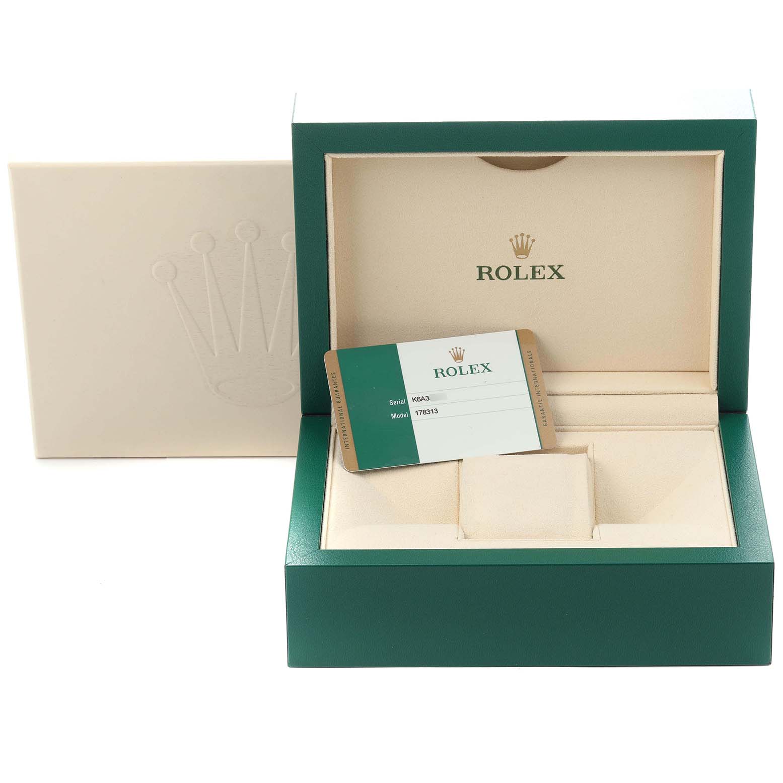 The image shows a Rolex watch box and warranty card for the Mid-Size model 178313 men
s watch.