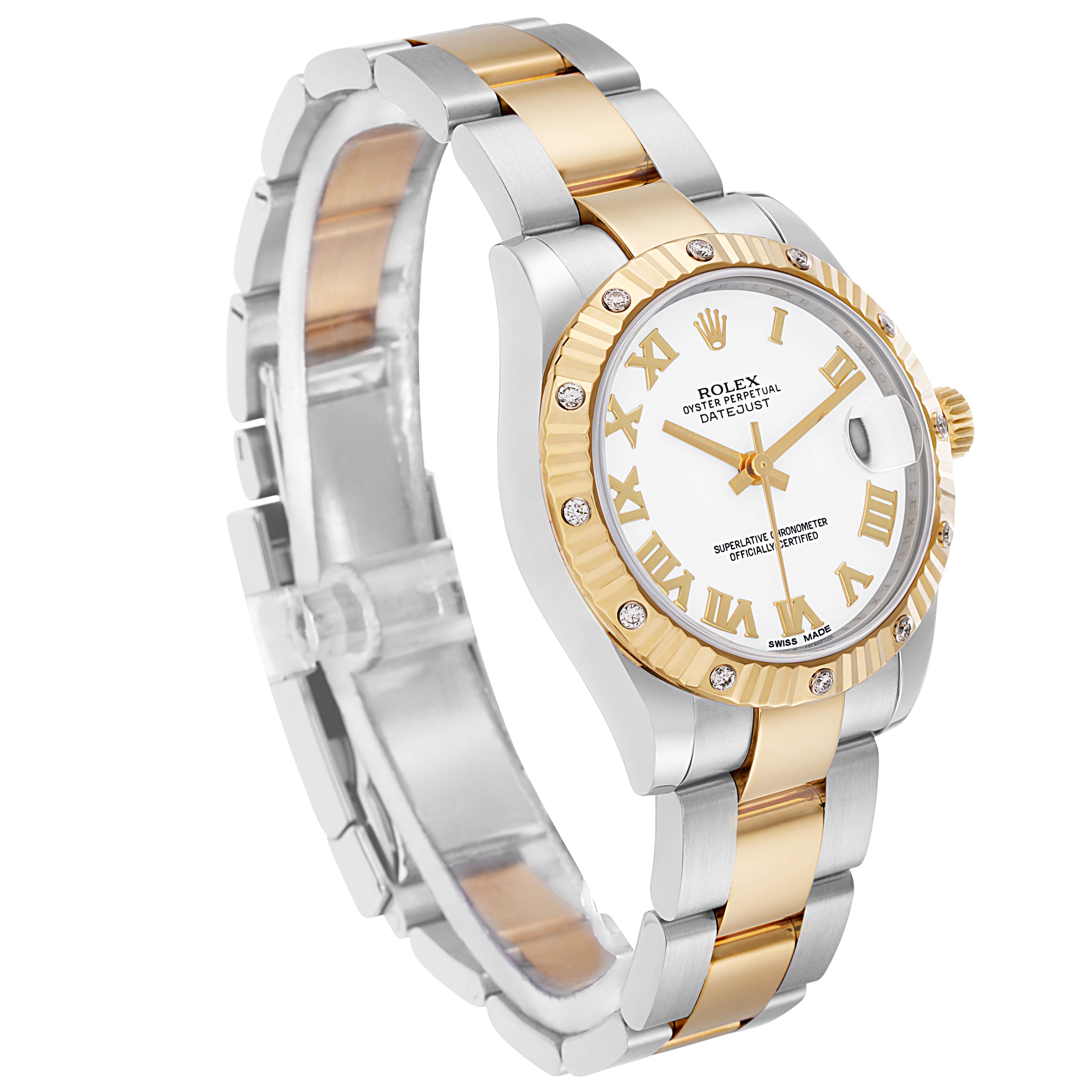 The Rolex Datejust model number 178313 is shown at a three-quarter angle, highlighting its gold and silver bracelet, fluted bezel, and white Roman numeral dial.