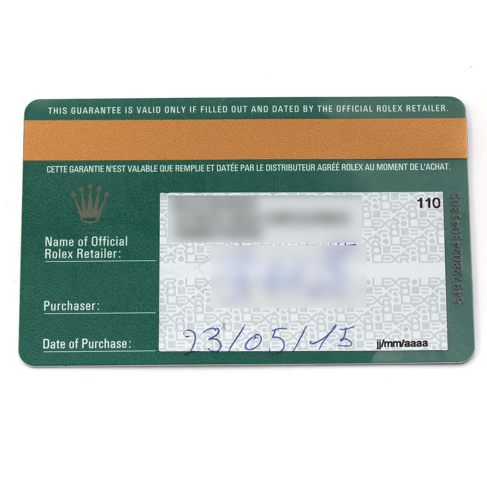 The image shows a Rolex guarantee card for the Mid-Size model, model number 178313, with details like the retailer
s name and purchase date fields visible.