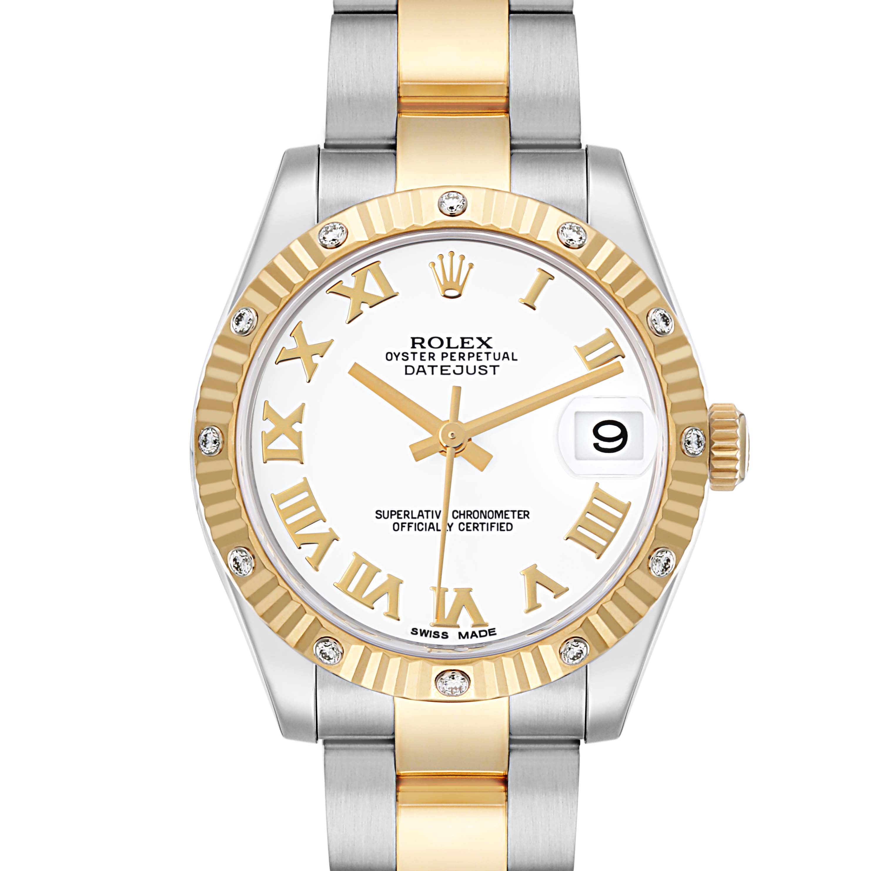 The Rolex Oyster Perpetual Datejust model 178313 is shown from a front angle, highlighting the dial, fluted bezel, two-tone bracelet, and date window.