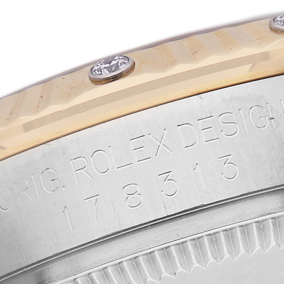 The image shows the side view of a Rolex Mid-Size Men
s watch, model 178313, highlighting the bezel with diamond details and engraved model number.