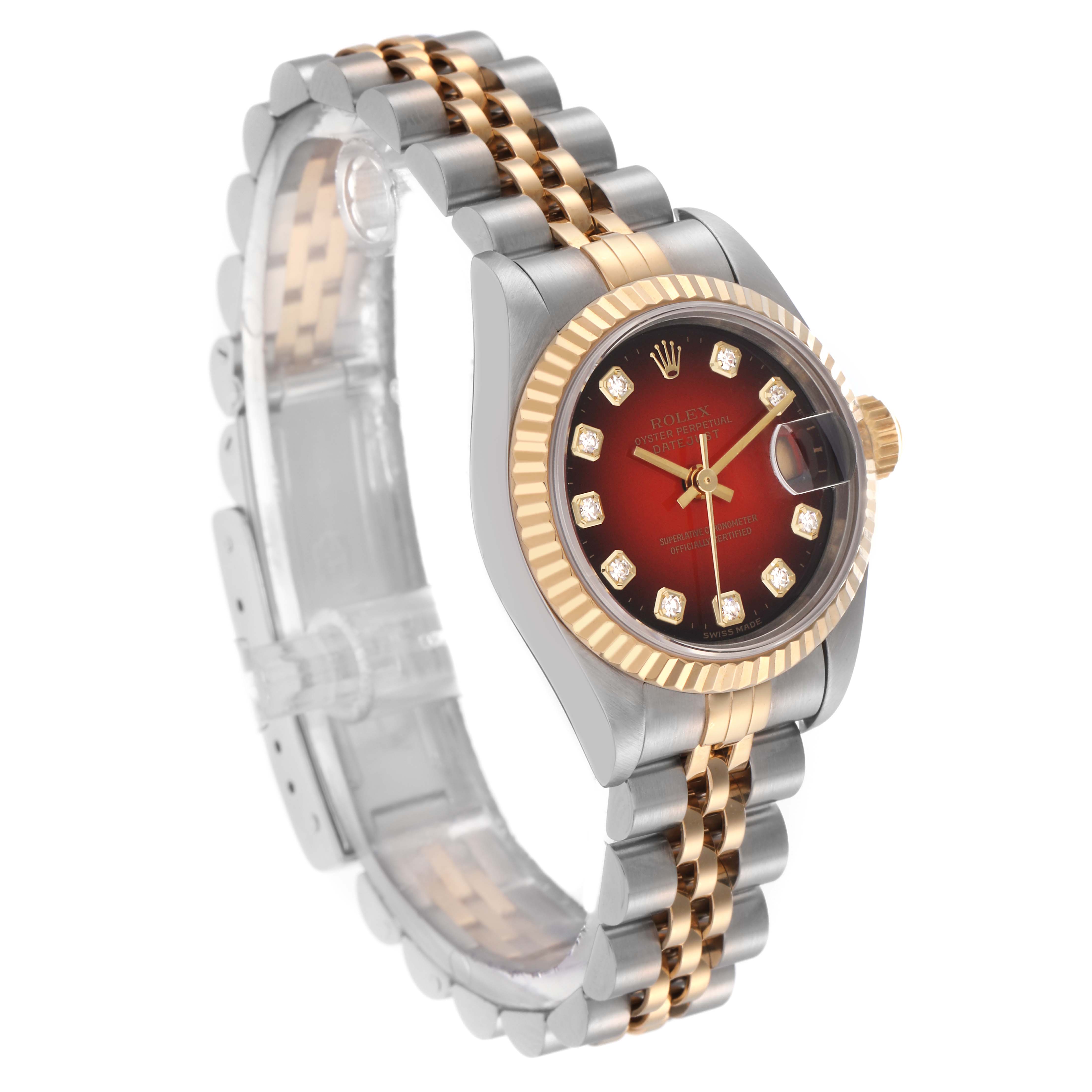 The Rolex Datejust model 69173 men
s watch is shown at a three-quarter angle, highlighting its red dial, diamond hour markers, fluted bezel, and two-tone bracelet.