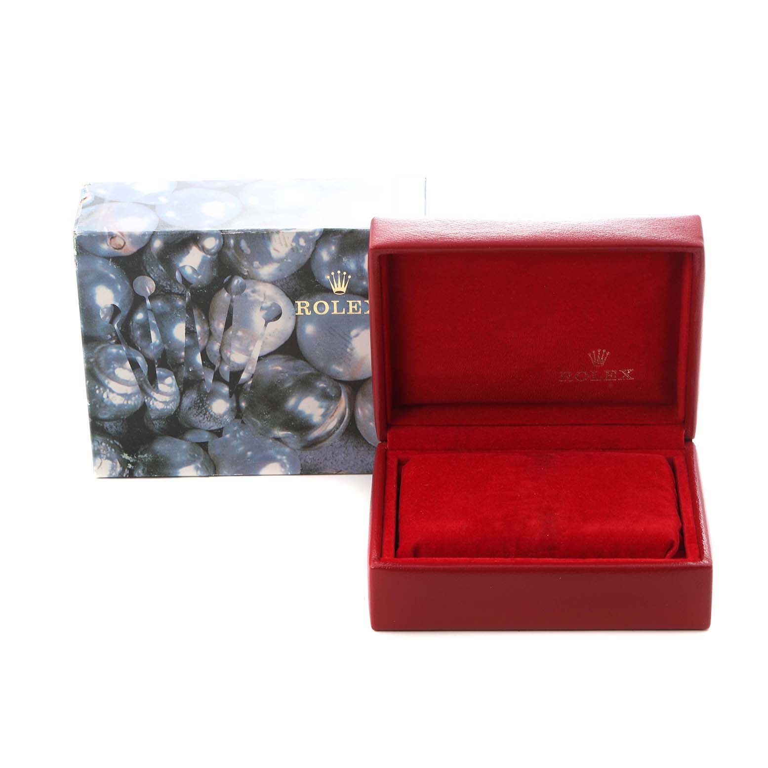 The image shows a red Rolex watch box for the Datejust model 69173 with no watch inside, next to a decorative outer box.