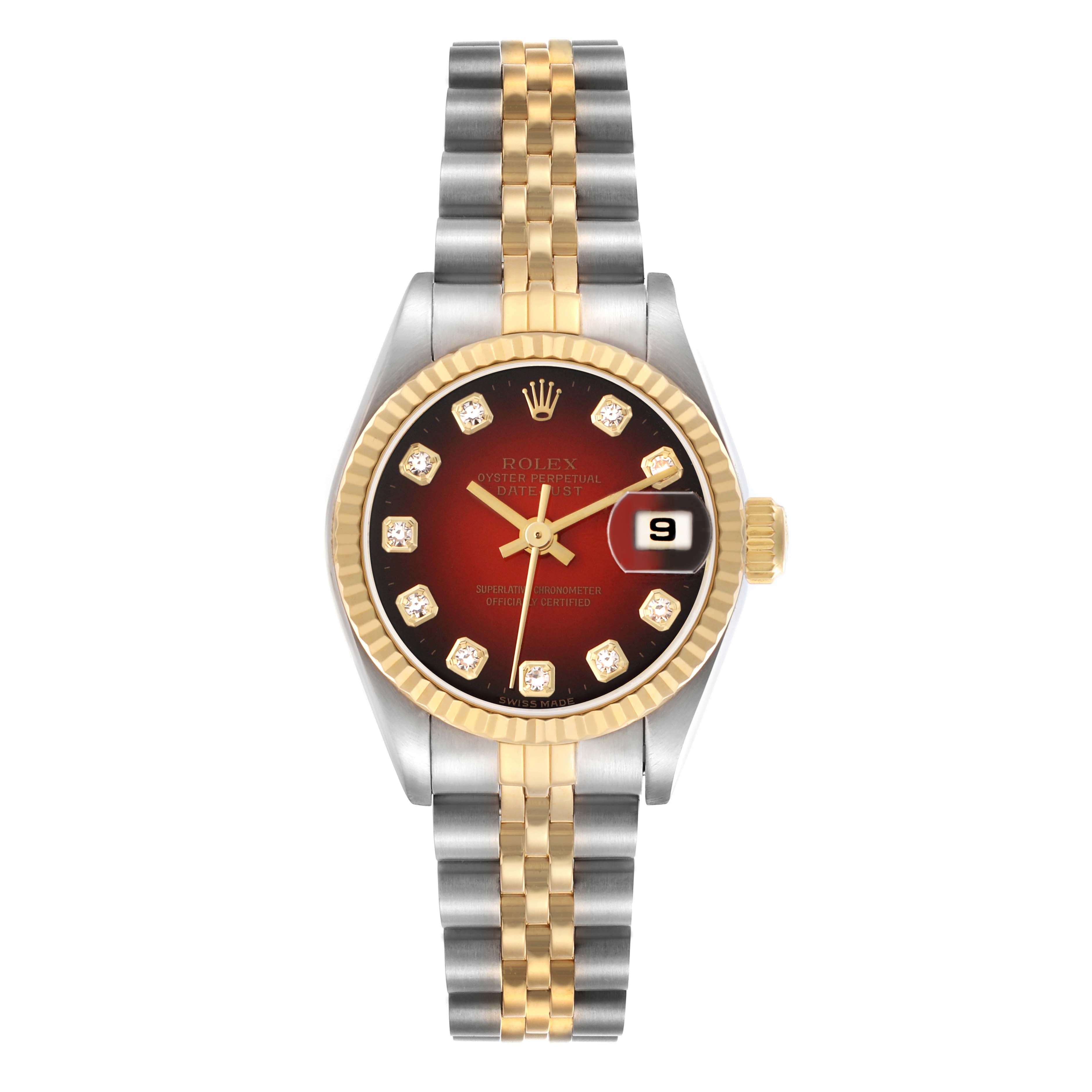 The Rolex Datejust model 69173 men
s watch is shown from a front angle, highlighting its two-tone bracelet, fluted bezel, and dial with date display.