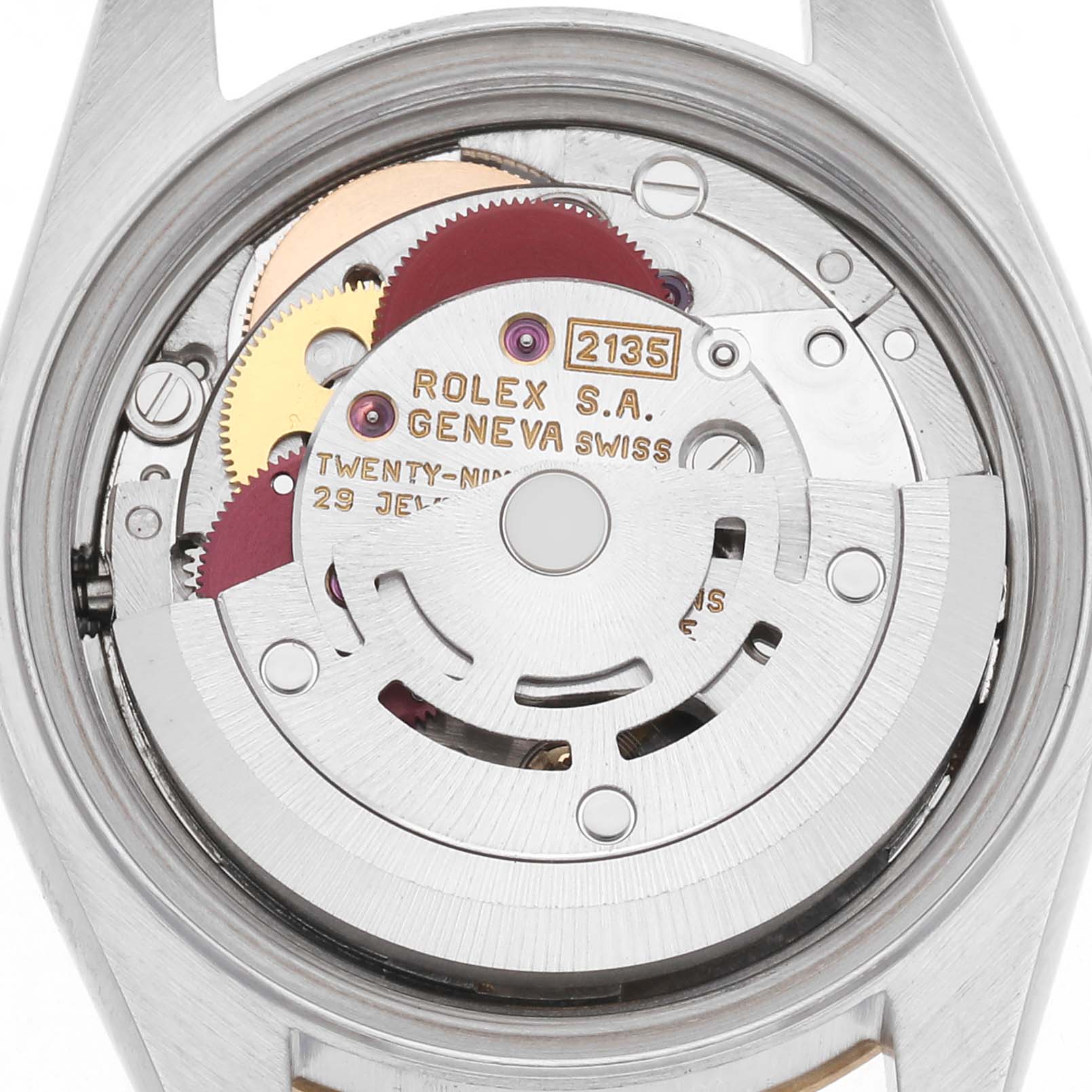 The image shows the movement and internal mechanism of a Rolex Datejust model 69173 from a straight-on angle, highlighting its intricate components.