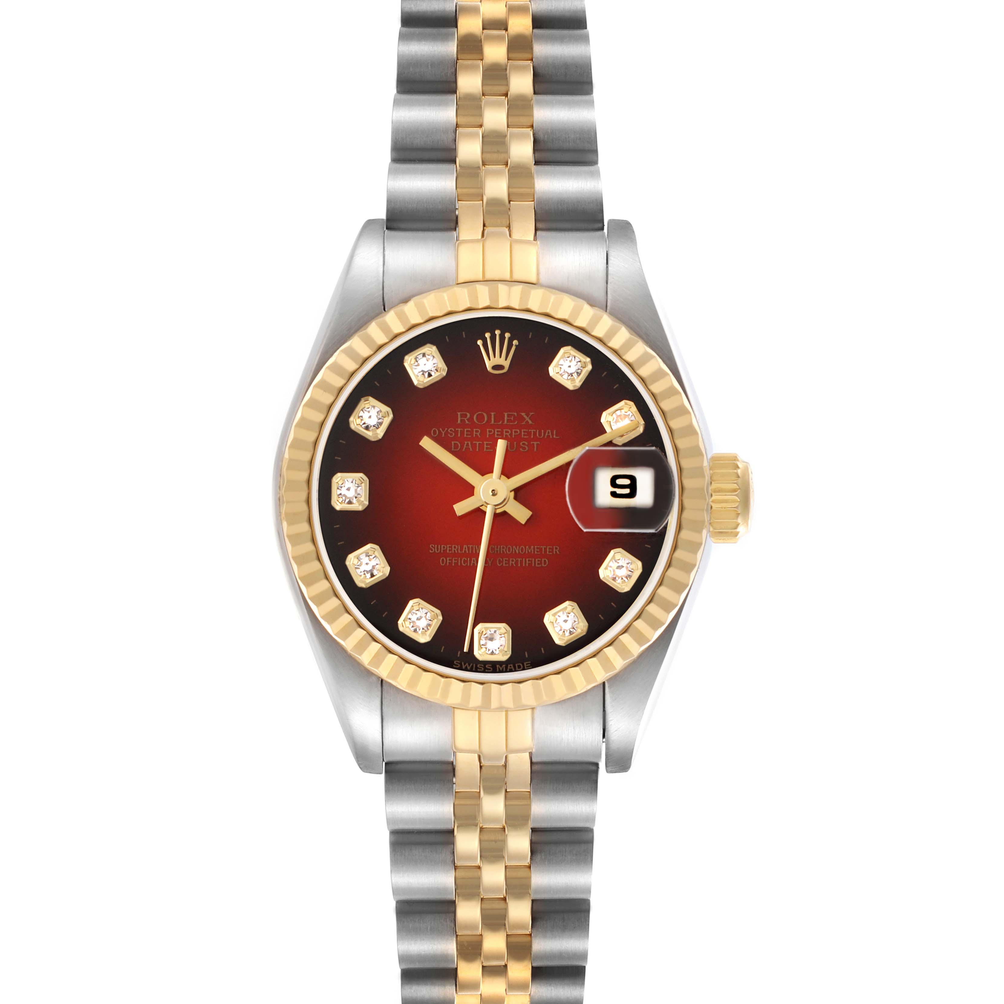 The image shows a Rolex Datejust model number 69173, viewed from the front, highlighting the dial, bezel, crown, and two-tone bracelet.