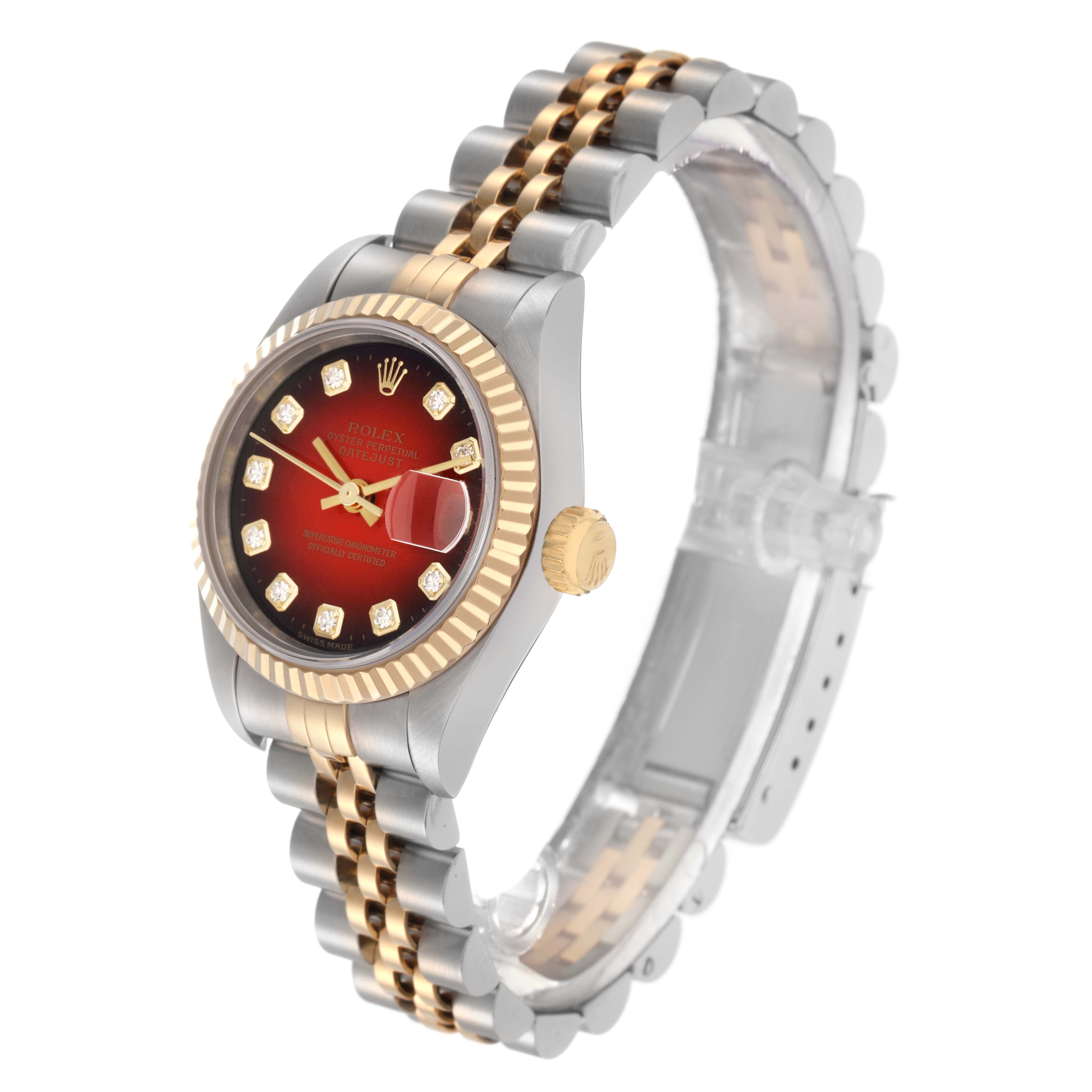 The Rolex Datejust model 69173 is shown at a three-quarter angle, displaying the face, bezel, crown, and part of the band.