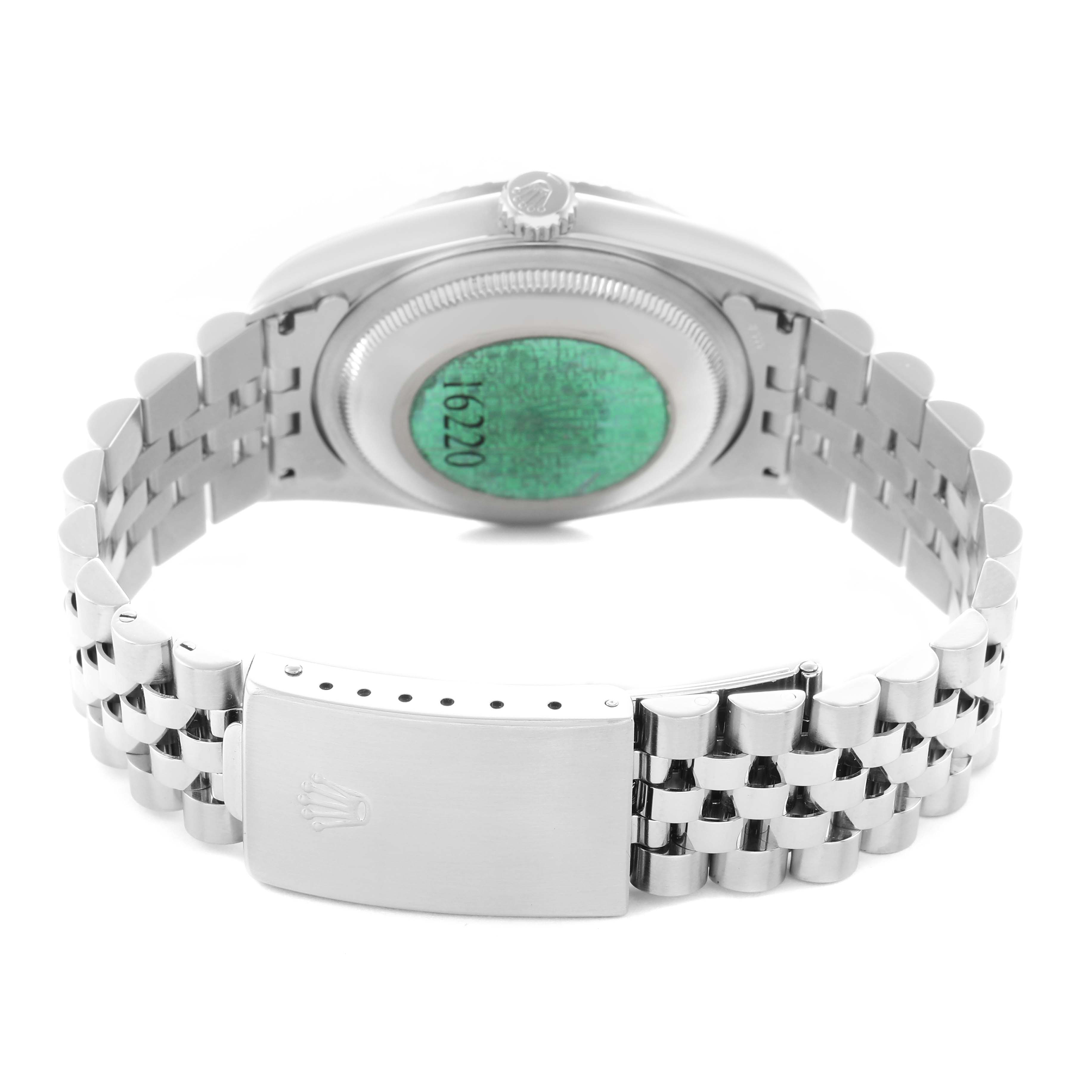 The image shows the back and clasp of a Rolex Datejust men
s watch, model 16220, displaying the bracelet and the case
s backside.