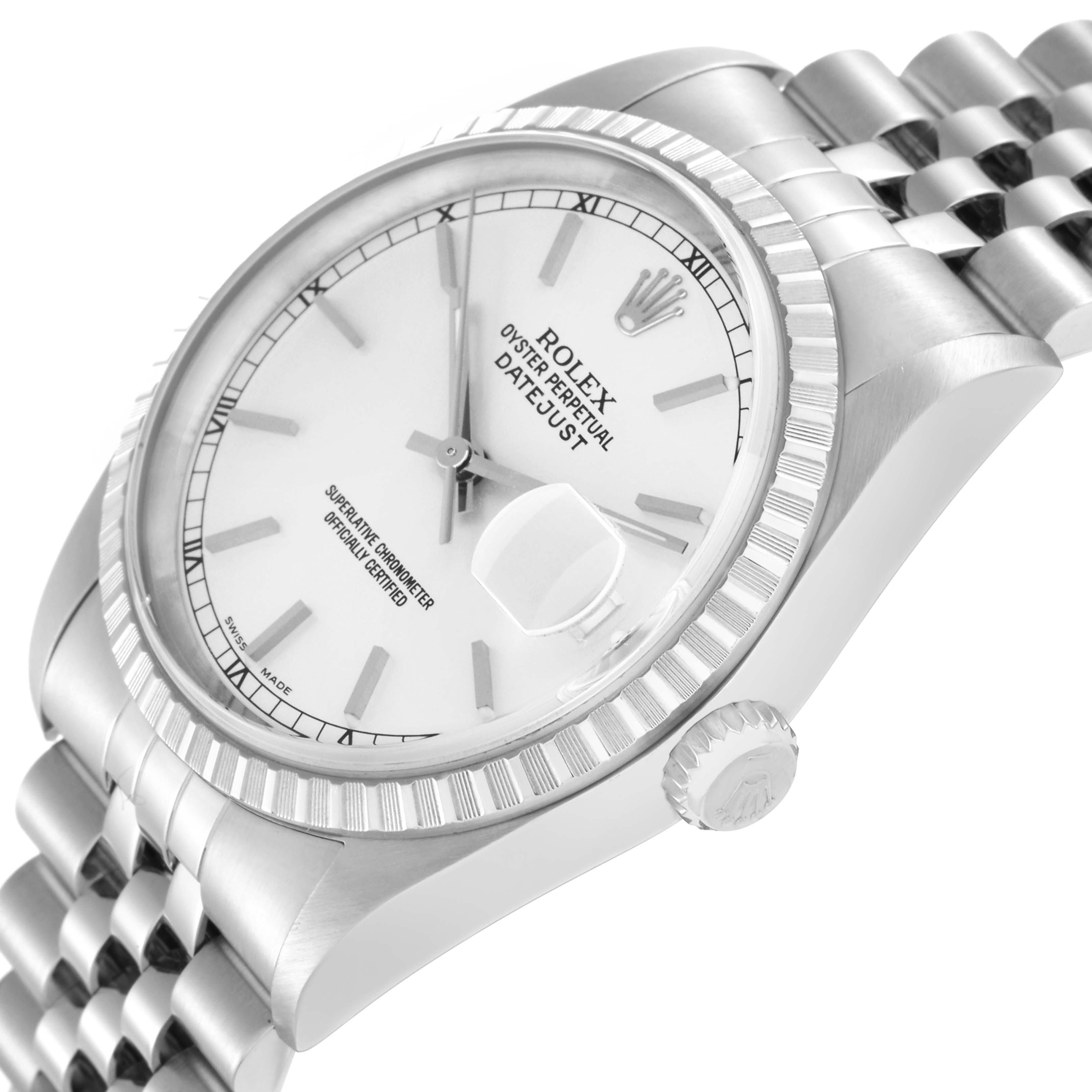 The Rolex Datejust 16220 is shown at an angled side view, highlighting the bezel, crown, and bracelet.
