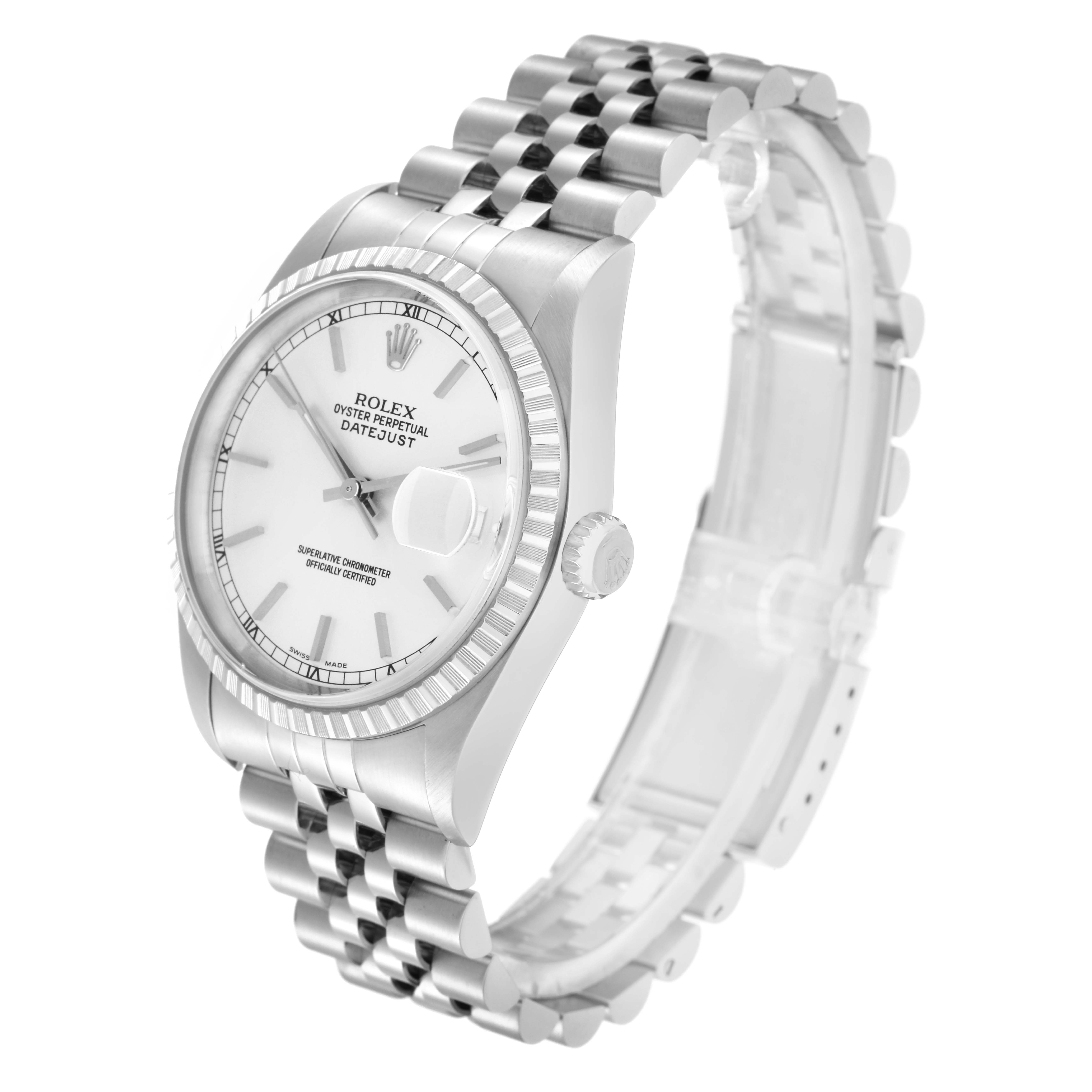 The image shows a side angle of the Rolex Datejust model 16220, highlighting its white dial, fluted bezel, crown, and Jubilee bracelet.