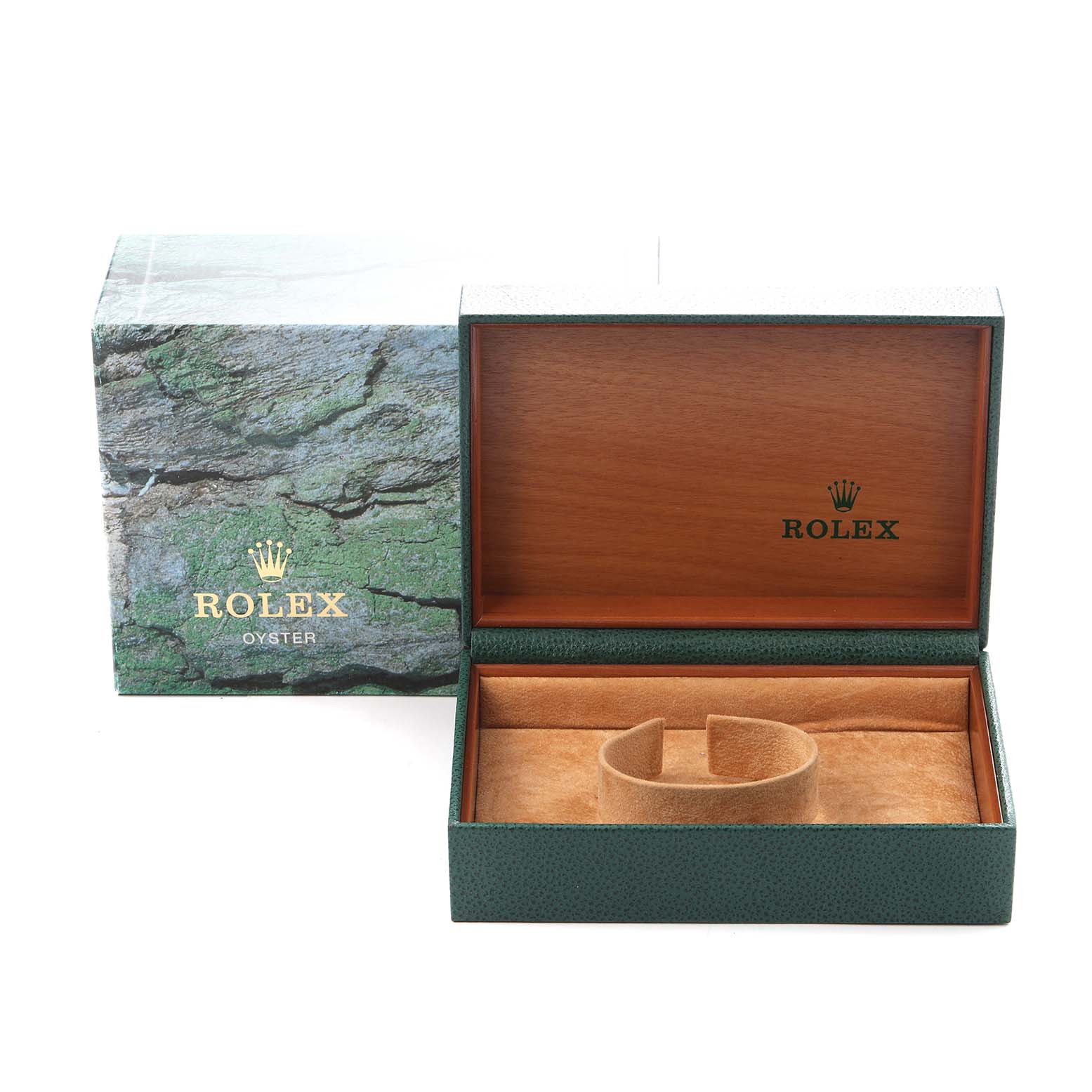 The image shows the open box and outer packaging for a Rolex Datejust model 16220 men
s watch, showcasing the interior watch holder.