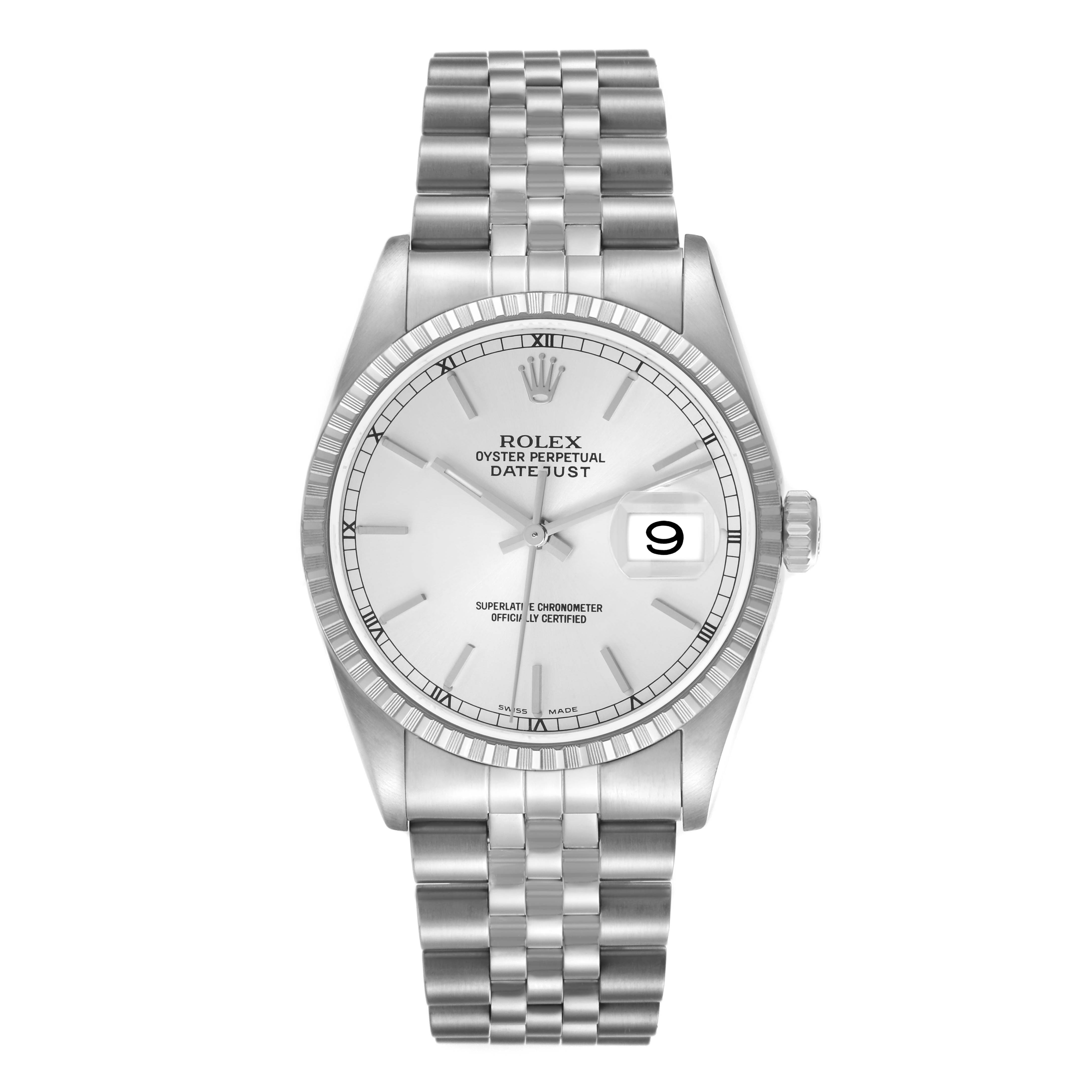 The watch is a Rolex Datejust model 16220, shown from a front angle, displaying its face, bezel, bracelet, and crown.