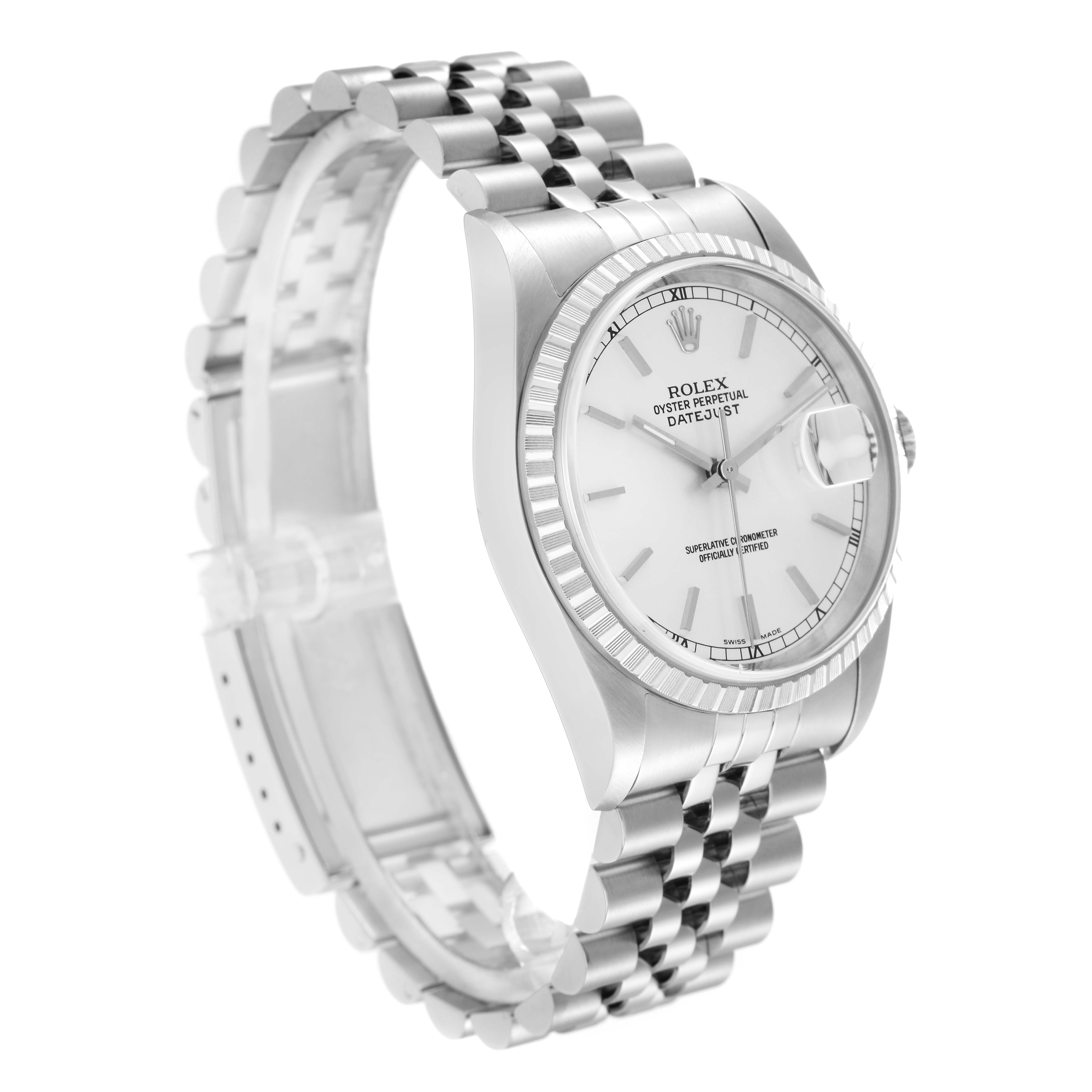 The image shows a Rolex Datejust model 16220 men
s watch from a side angle, highlighting its silver bracelet, white dial, and fluted bezel.