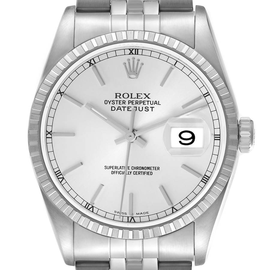 The image shows a frontal view of the Rolex Datejust model 16220 men's watch, featuring its dial, bezel, crown, and part of the bracelet.